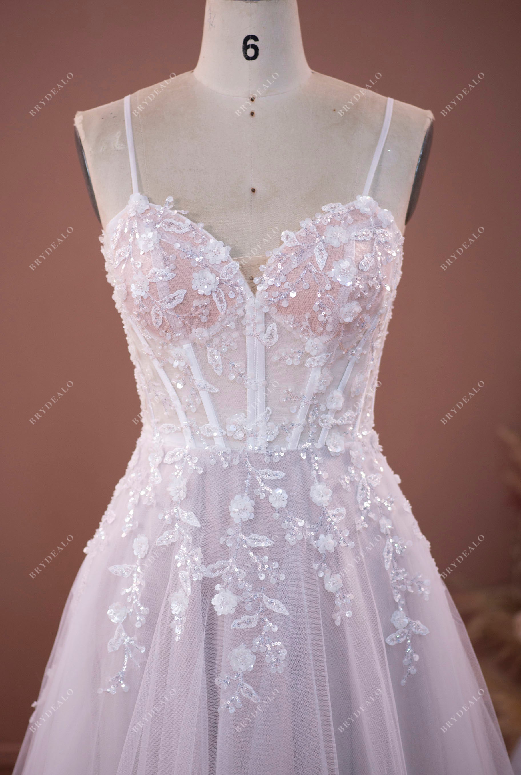 ethereal corset straps V-neck sequined flower lace wedding dress