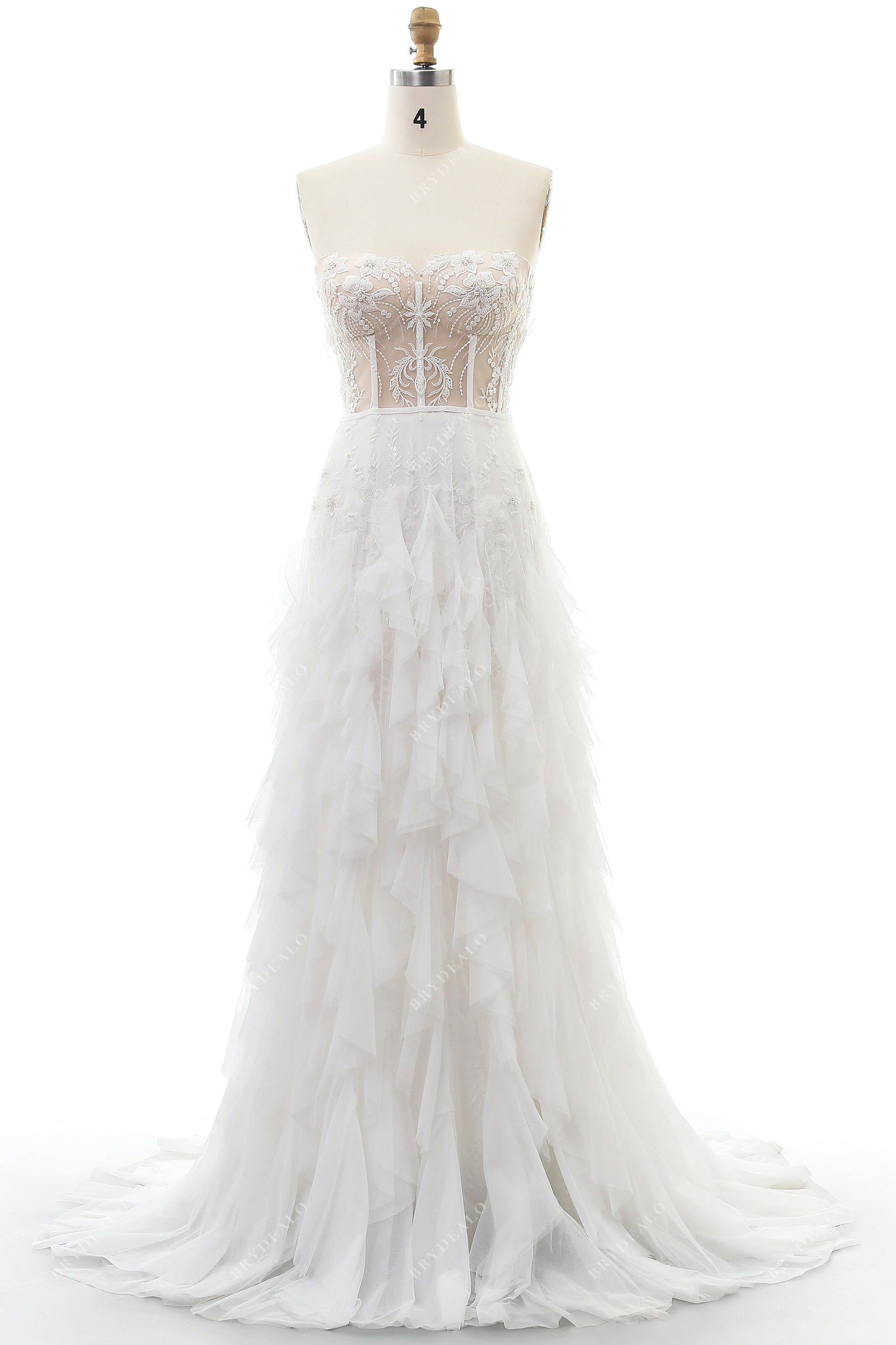 cascading ruffled A-line overskirt wedding gown