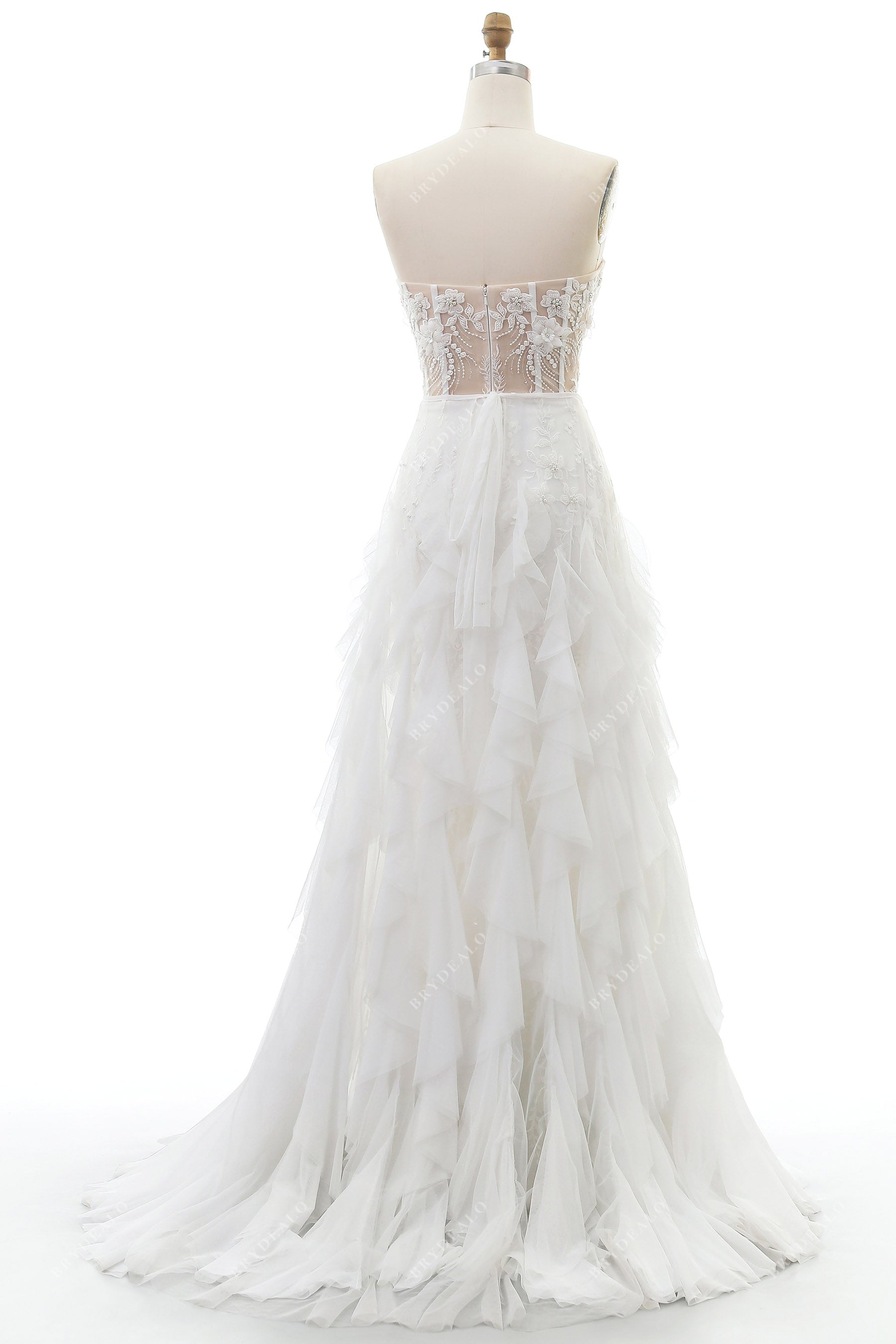 strapless sweep train overskirt wedding gown