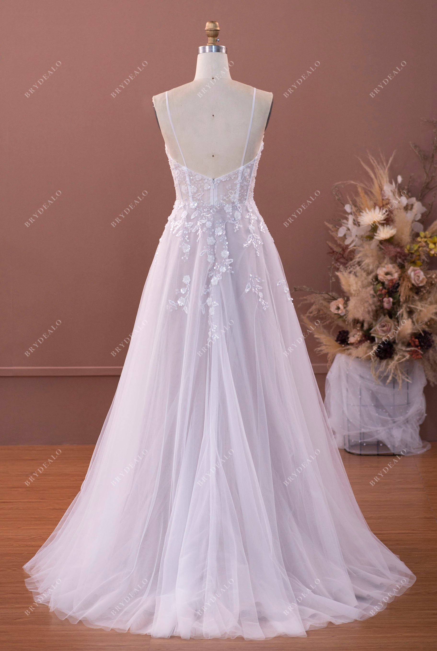 low back thin straps sequined flower lace sweep train bridal dress
