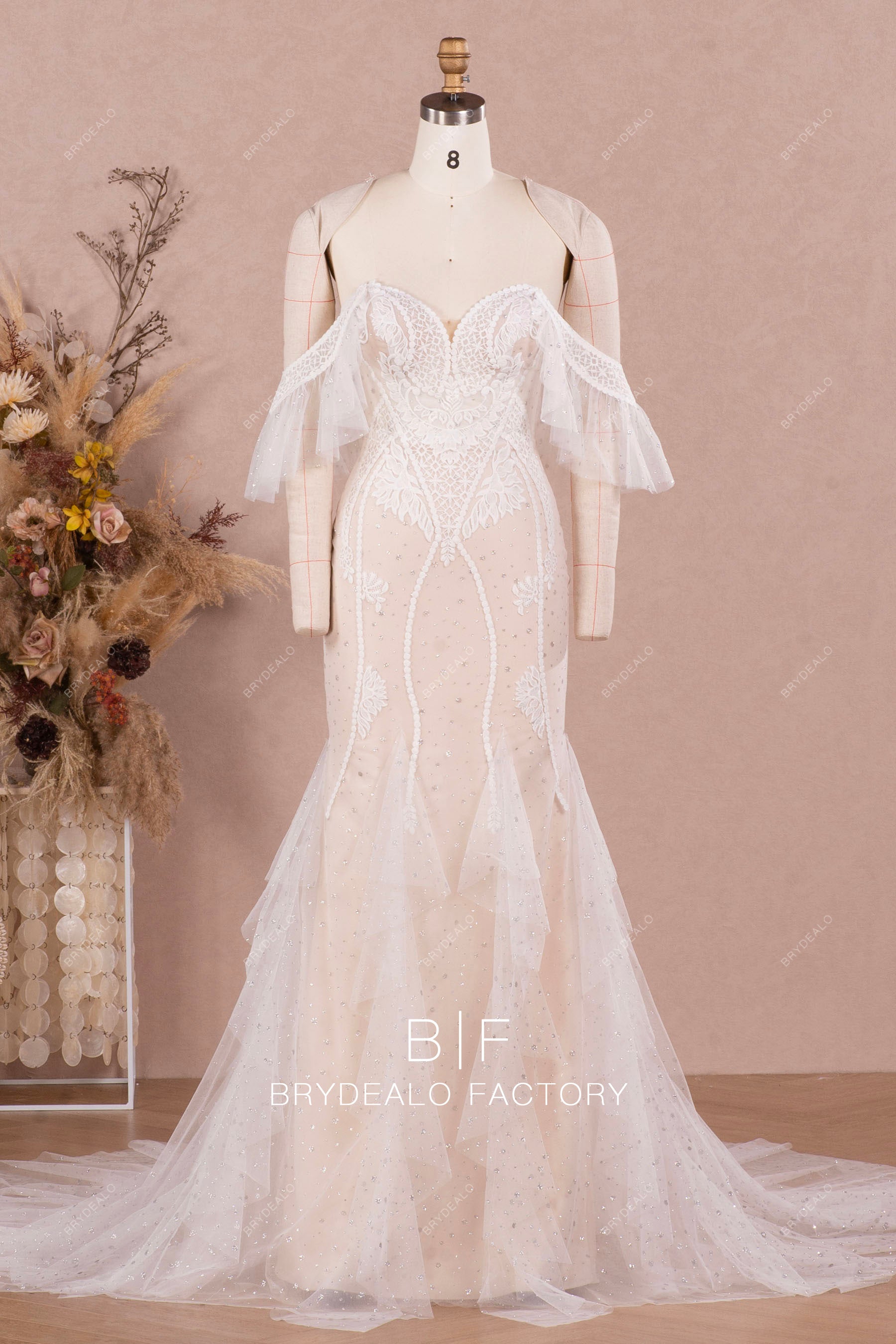 ethereal off shoulder lace mermaid wedding dress