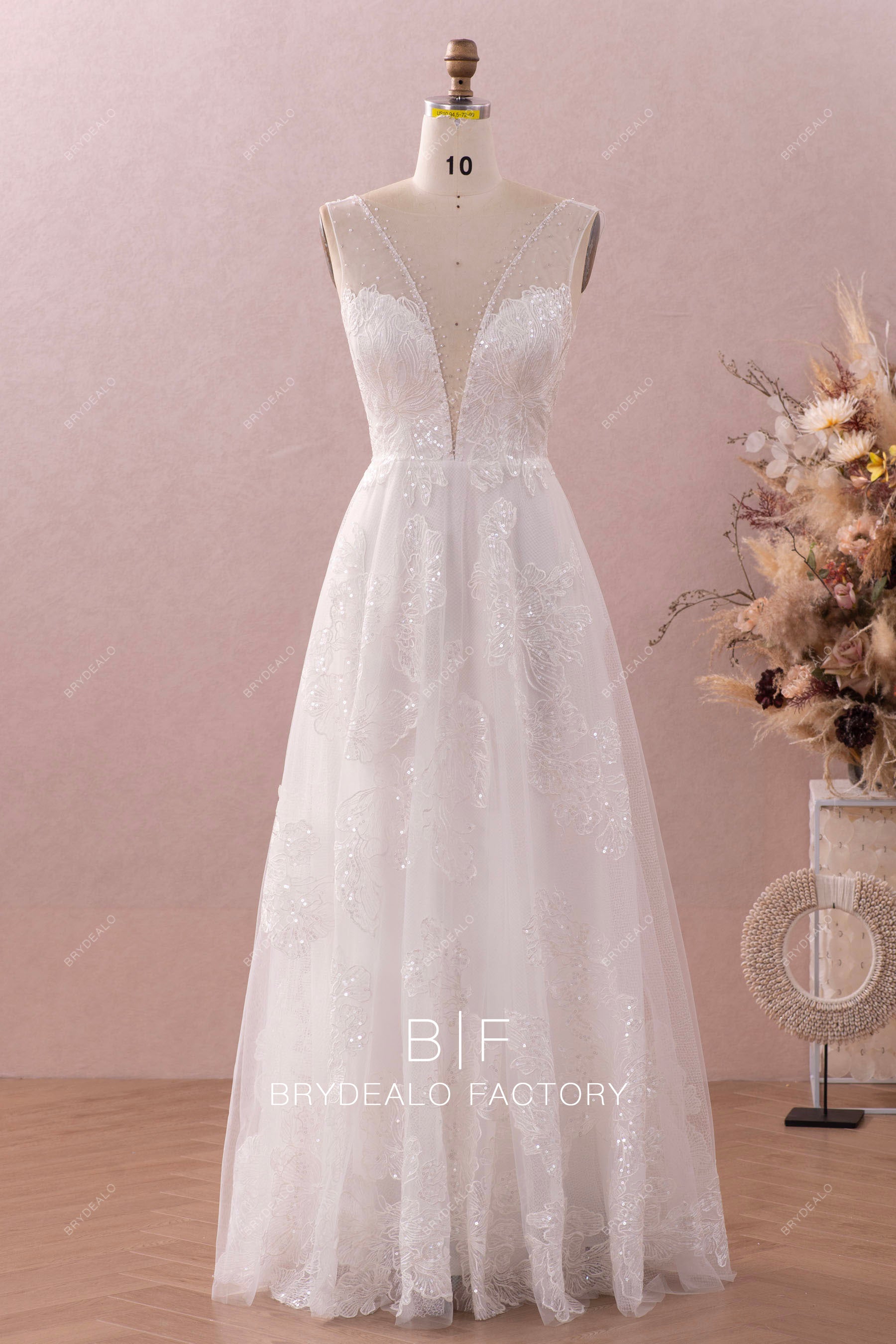 ethereal shimmery lace A-line wedding dress