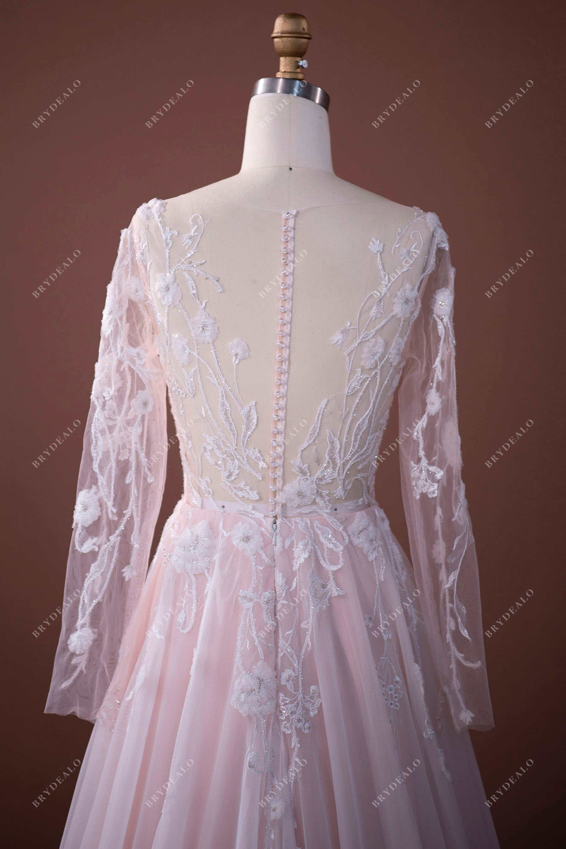 Fairy Pink Lace Tulle Illusion Wedding Dress