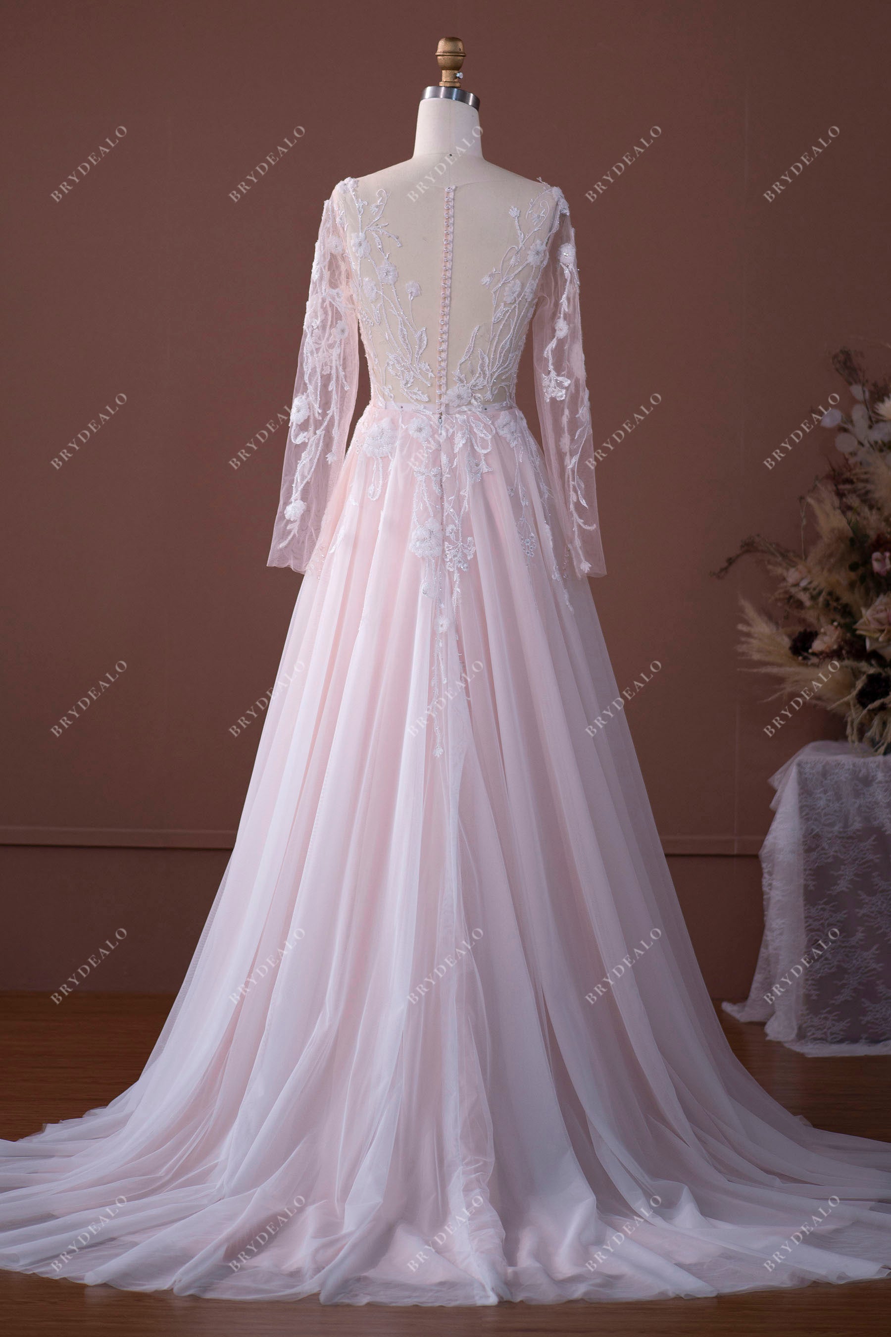 Fairy Pink Lace Tulle Illusion Wedding Dress