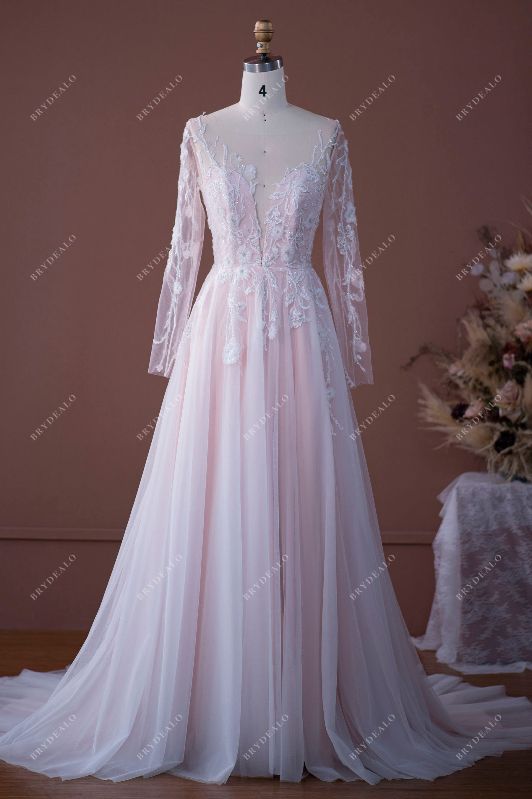 Fairy Pink Lace Tulle Illusion Wedding Dress