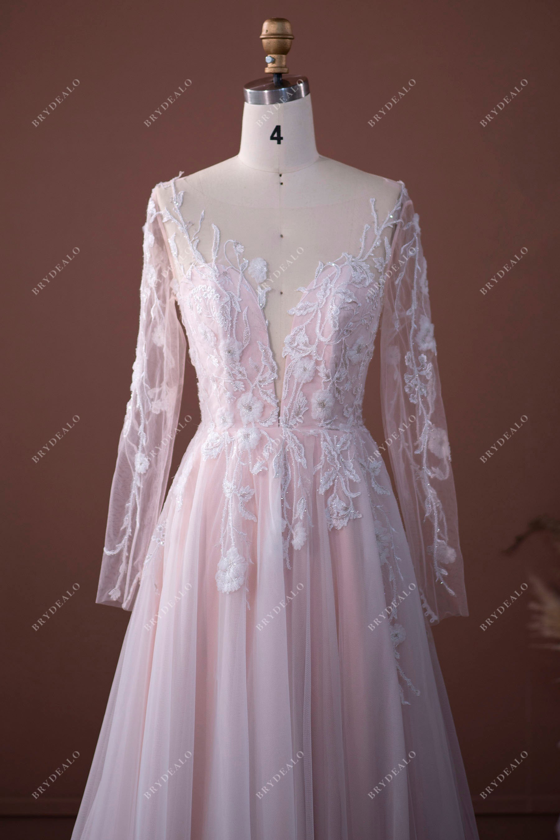 Fairy Pink Lace Tulle Illusion Wedding Dress