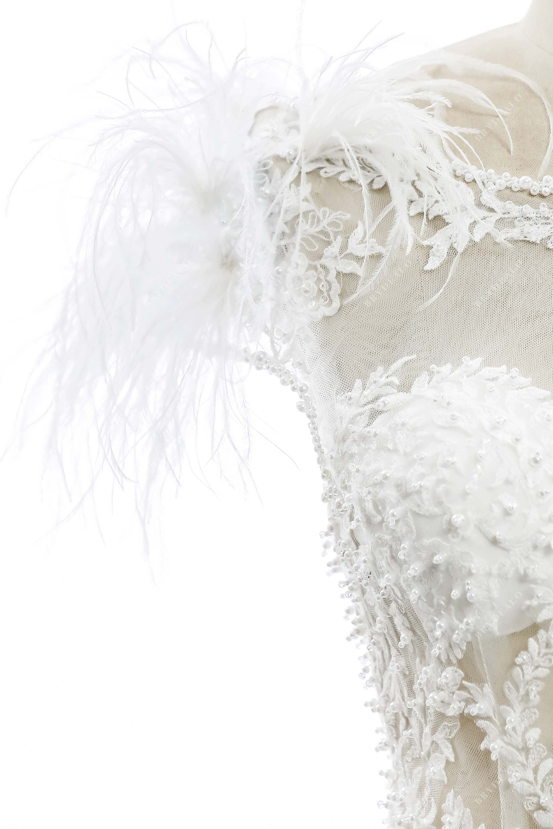 feathered sheer lace wedding gown