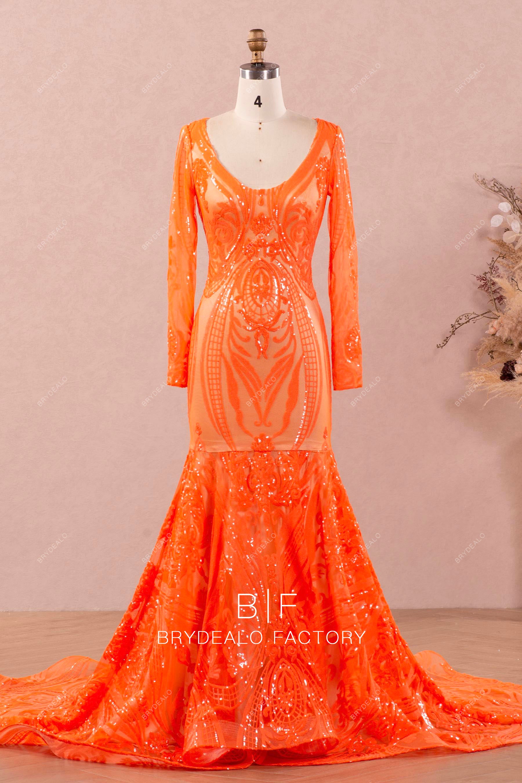 Orange Long Sleeve V-neck Patterned Sequin Prom Dress