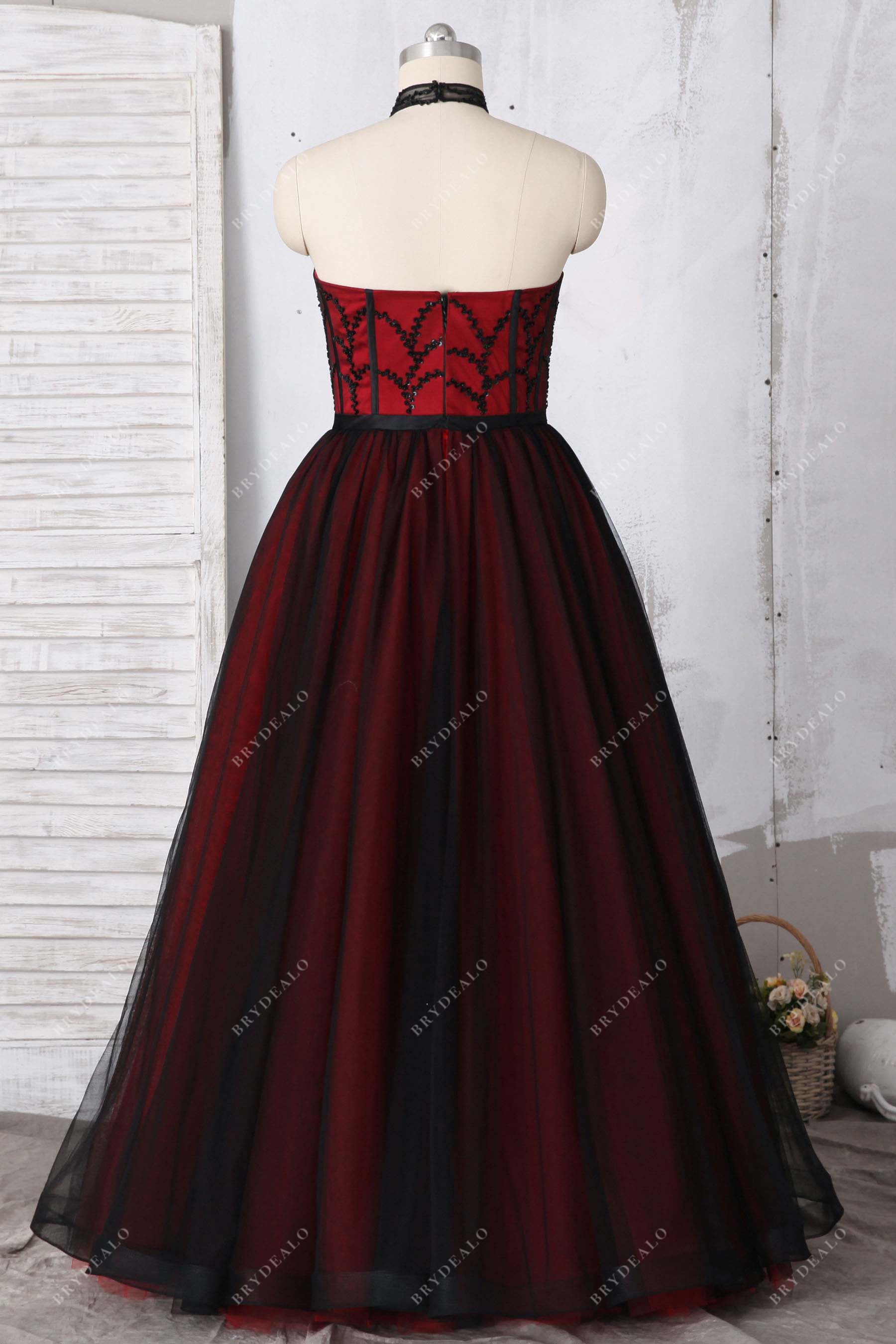 floor length black tulle overlaid red prom gown