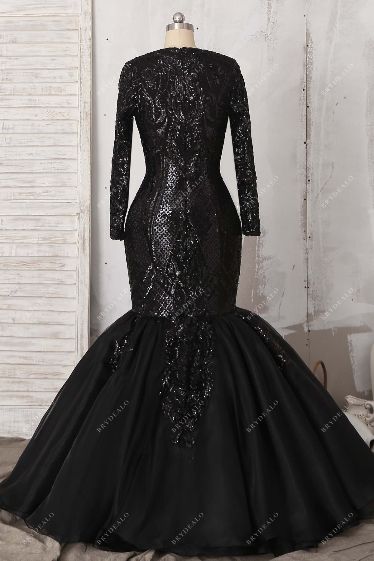 Sparkly Black Sequin Sleeved V-neck Plus Size Prom Dress