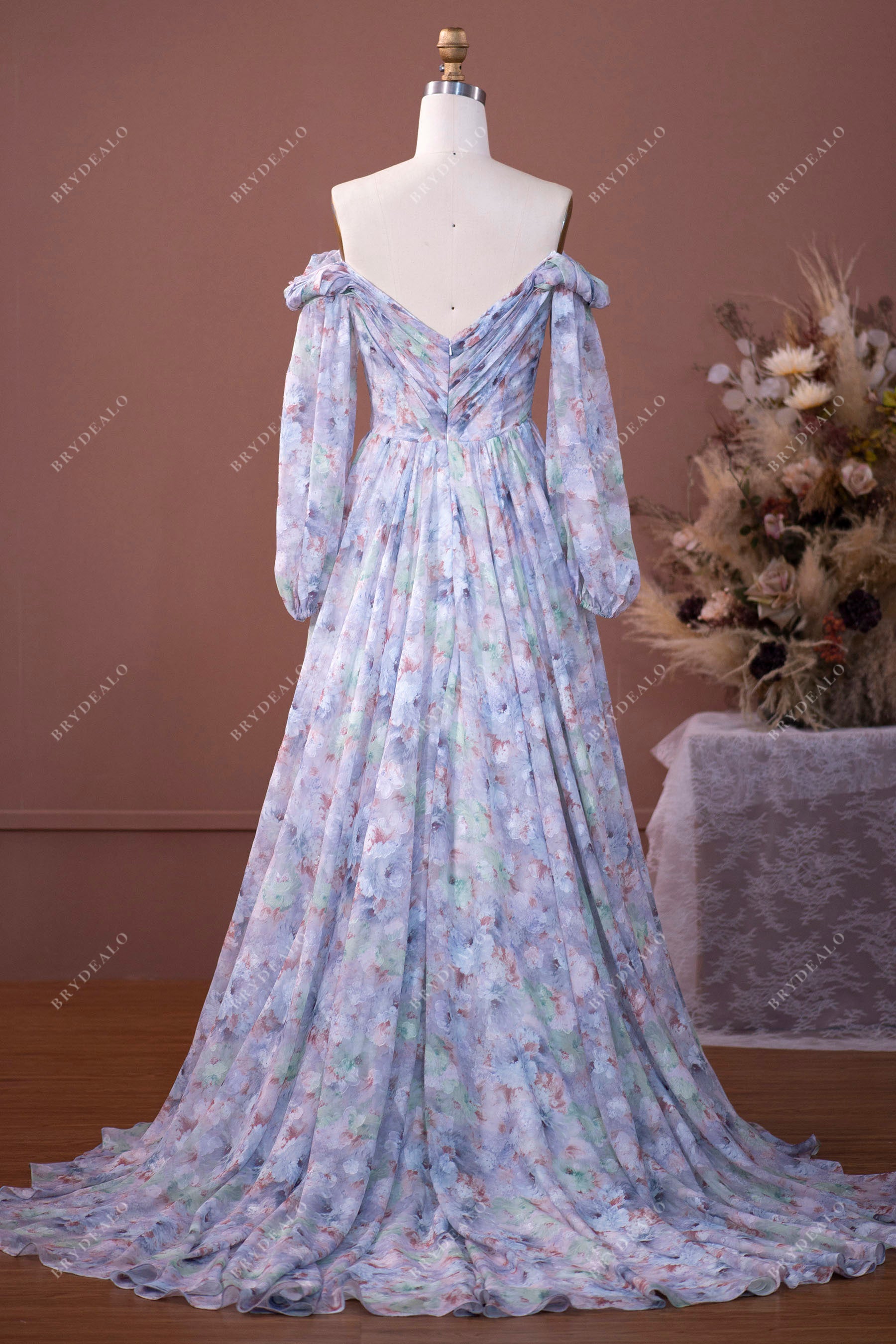 wholesale V-back Floral Chiffon Off Shoulder Sleeved Wedding Dress