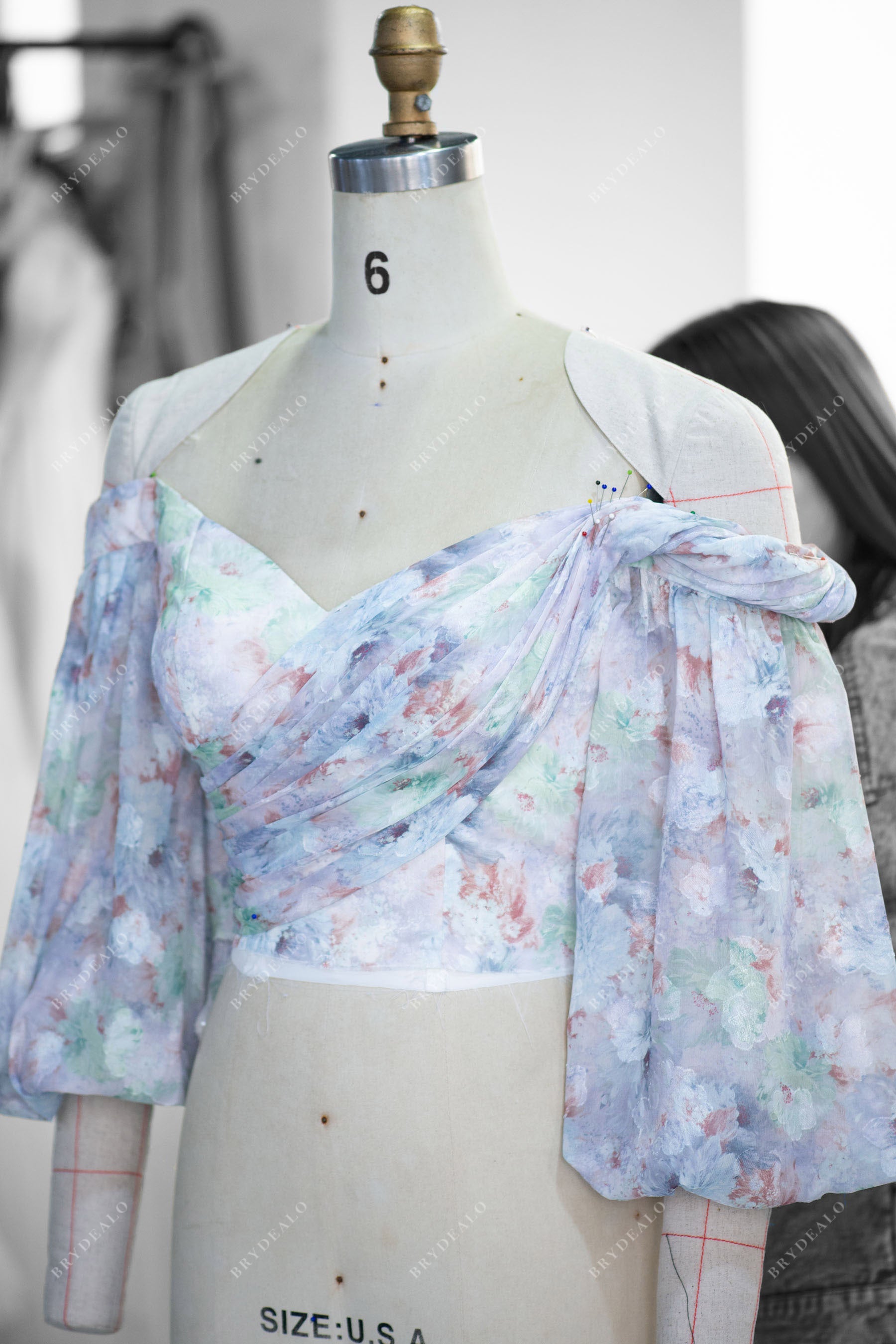 Floral Chiffon Off Shoulder Sleeved Wedding Dress for wholesale