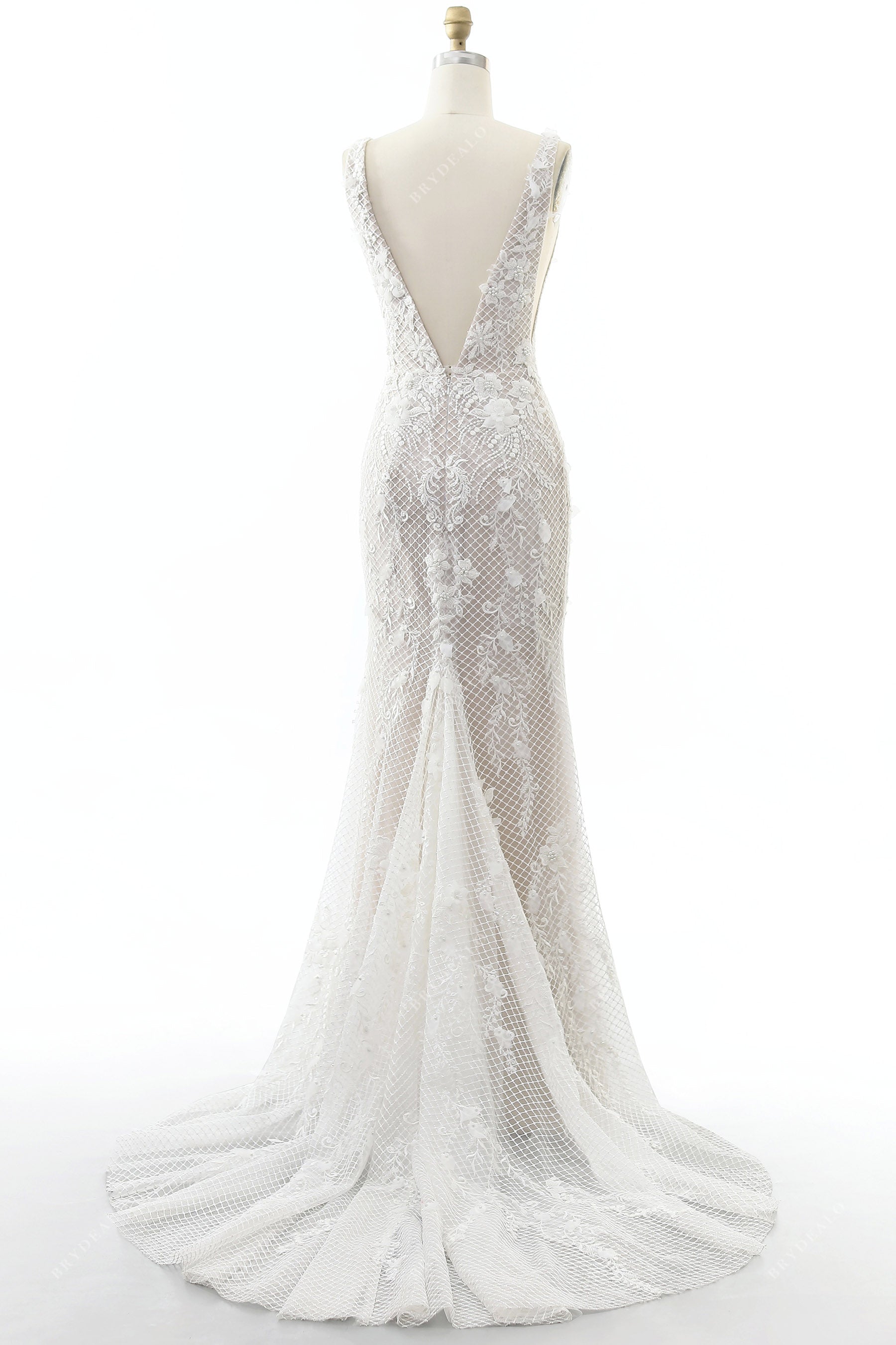 godet mermaid lace sleeveless wedding gown