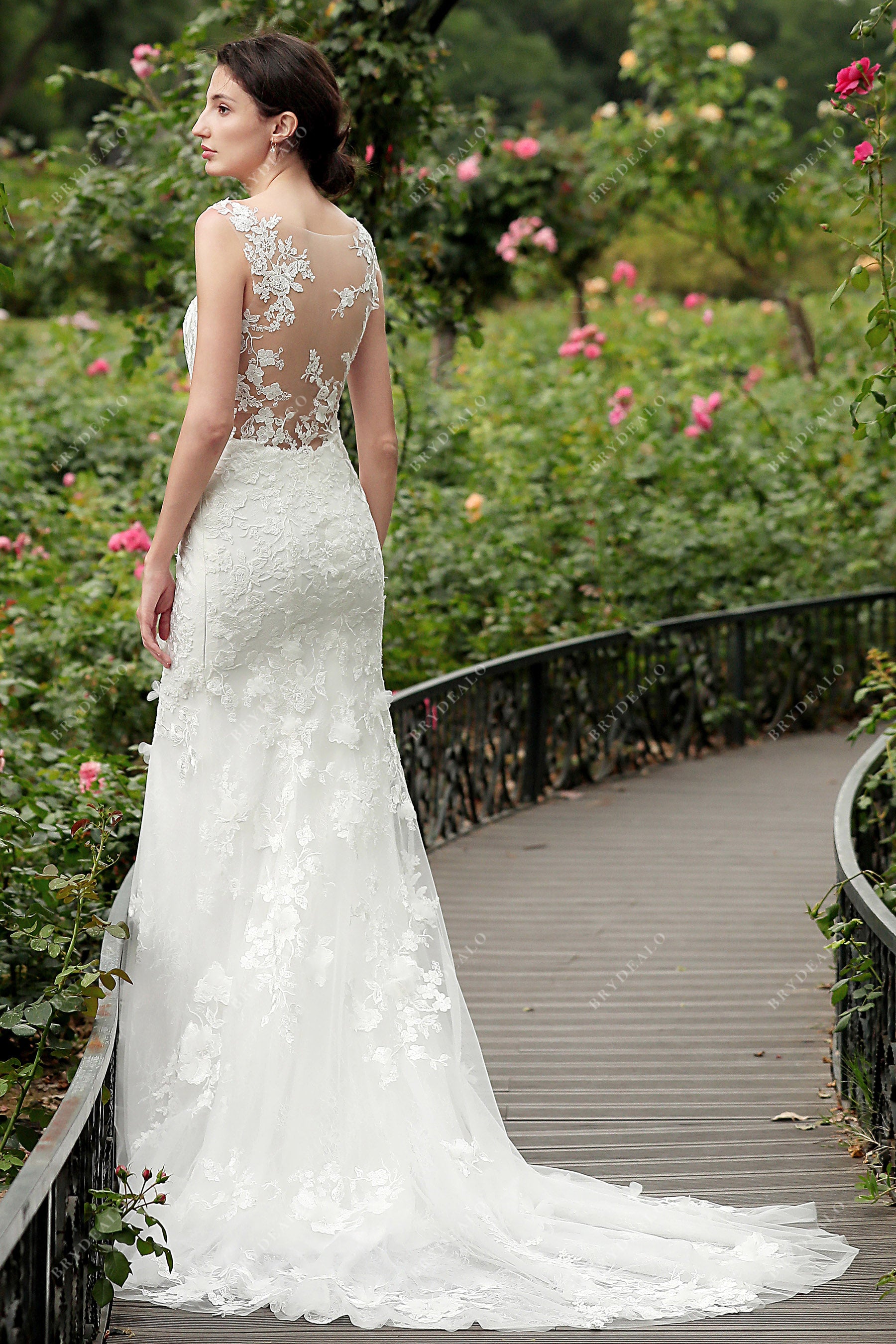 Illusion Back 3D Floral Lace Mermaid Wedding Gown