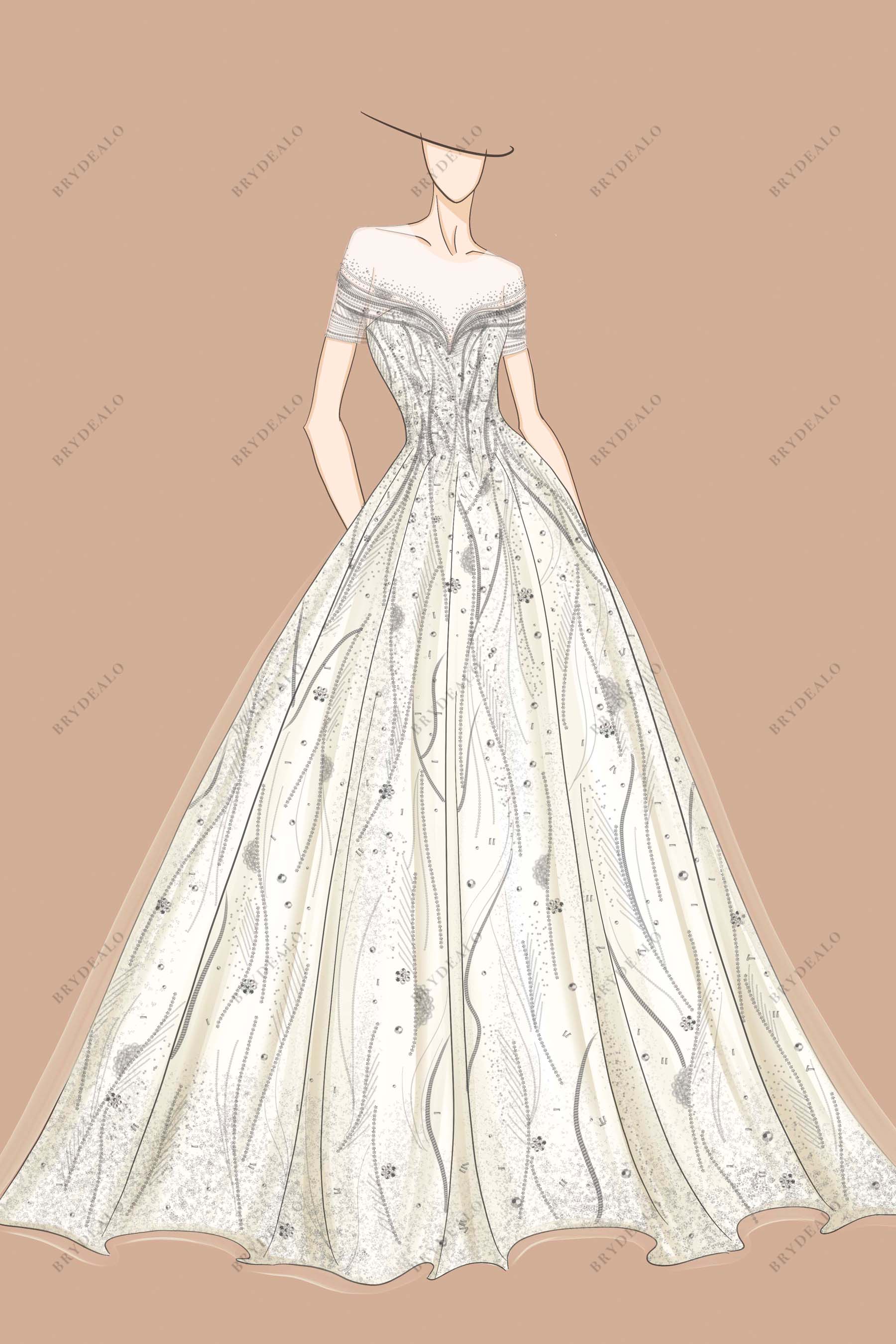 Floral Off Shoulder Bridal Ball Gown Sketch