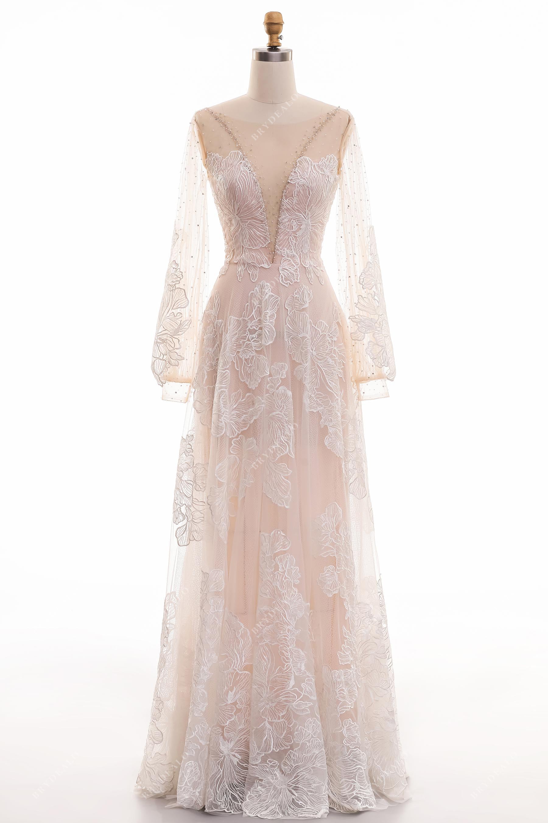 floral lace plunging neck bishop sleeve bridal dress