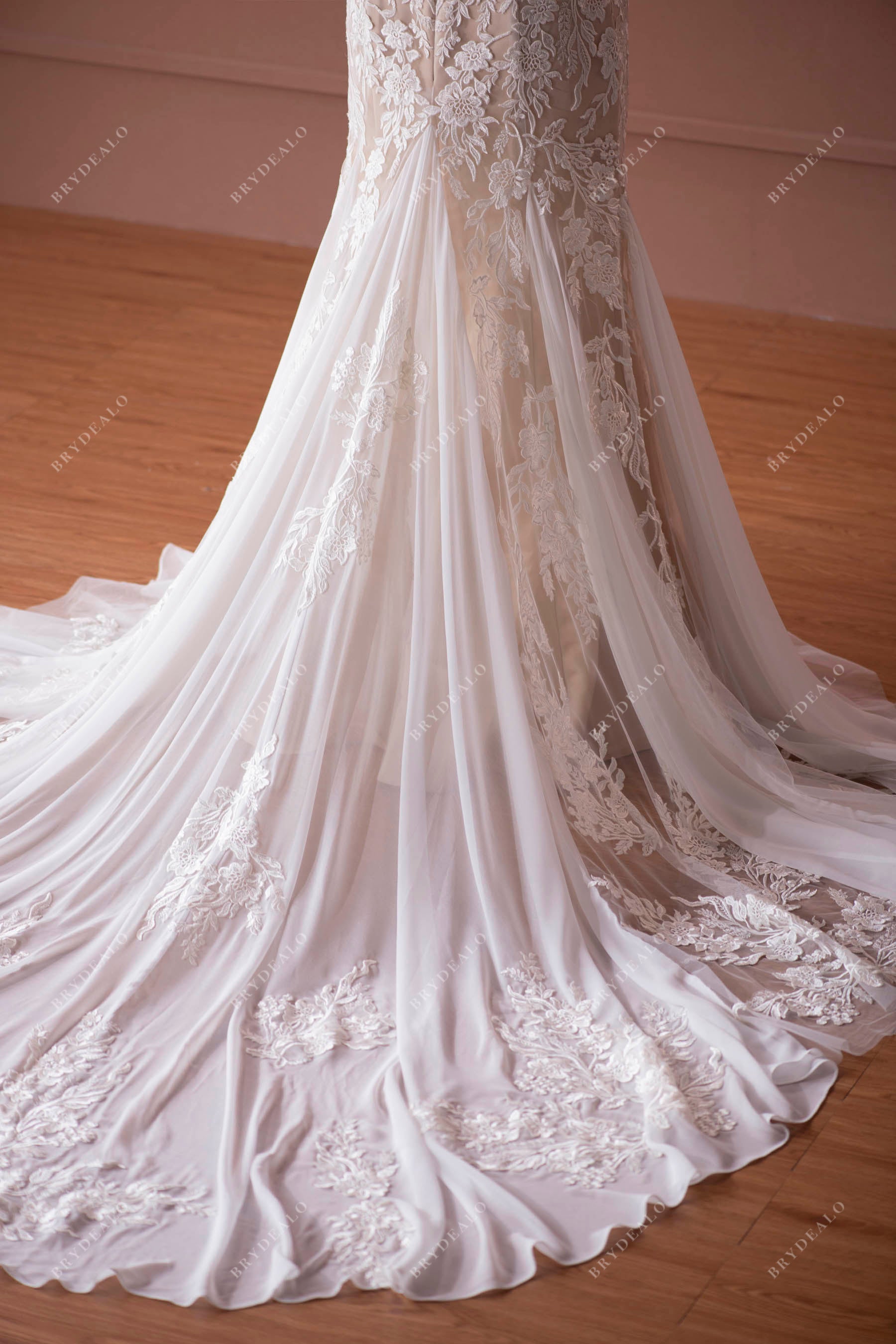 wholesale Lace Long Fishtail Godet Wedding Dress