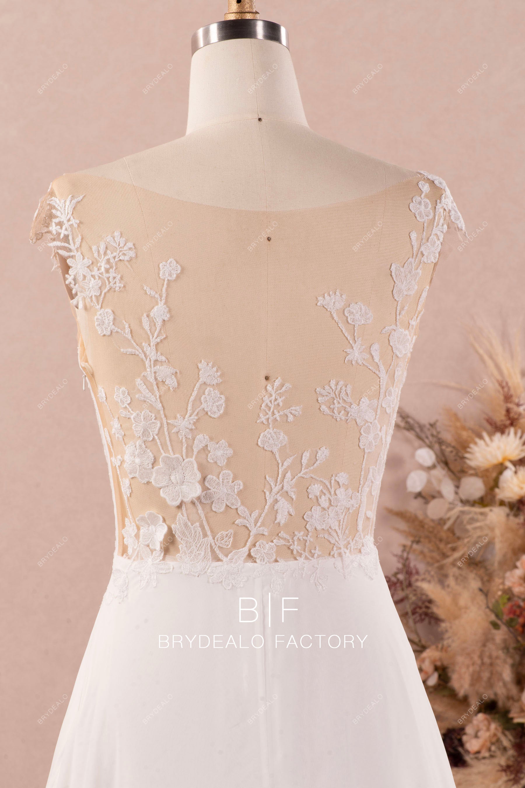 flower lace illusion back wedding gown