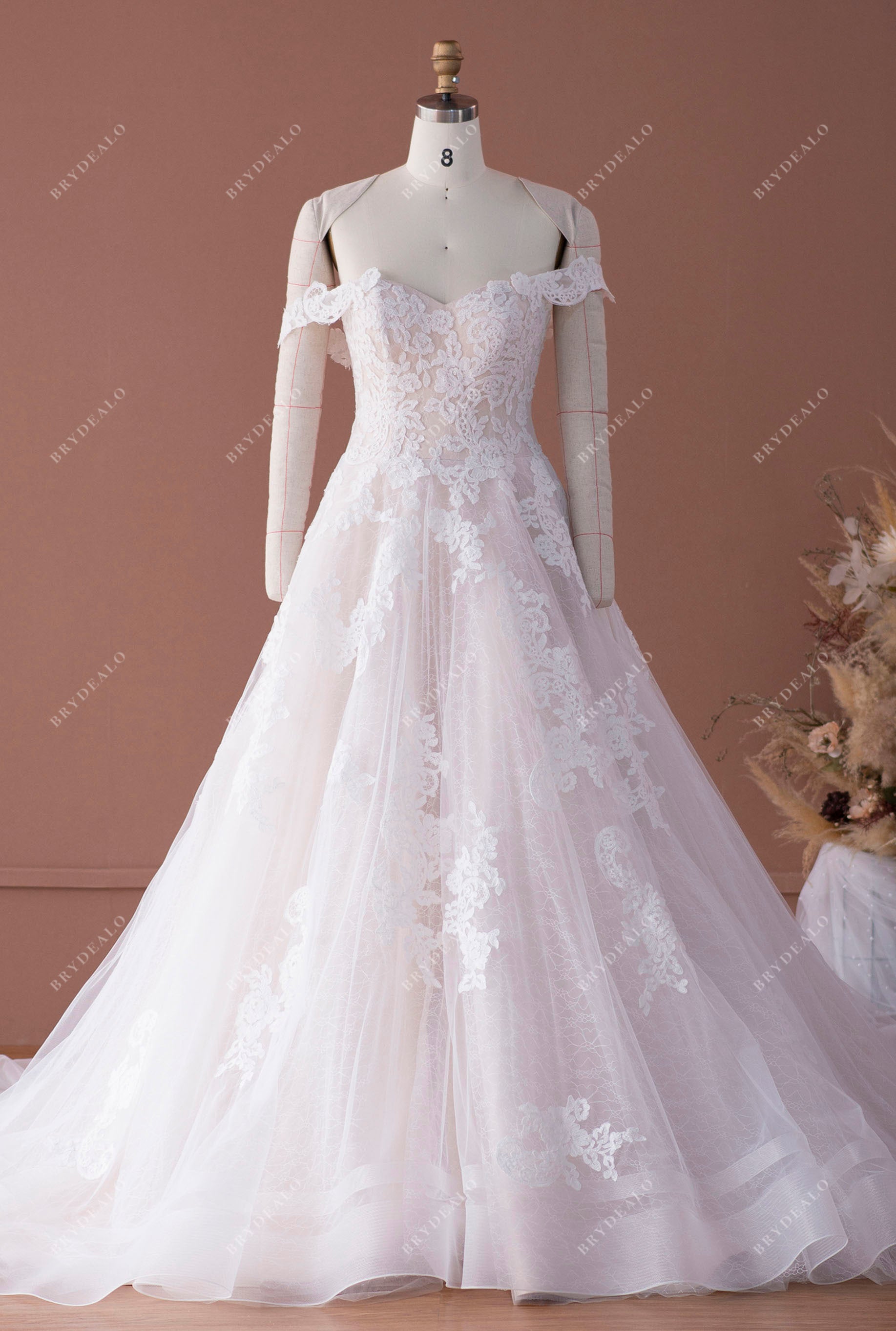 Off Shoulder Sweetheart Lace Horsehair Hem Ballgown Wedding Dress
