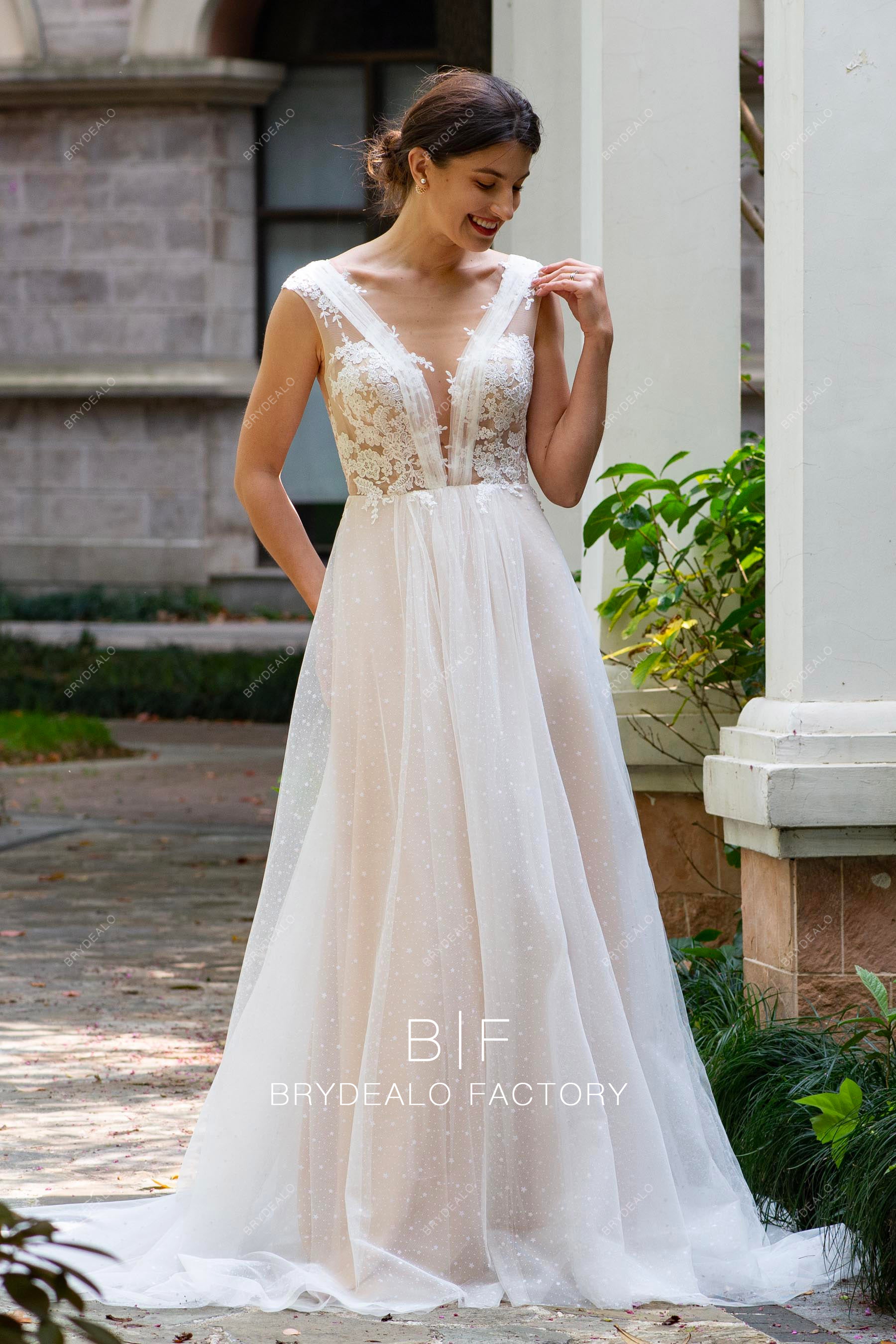 flower lace pleated plunging wedding dress