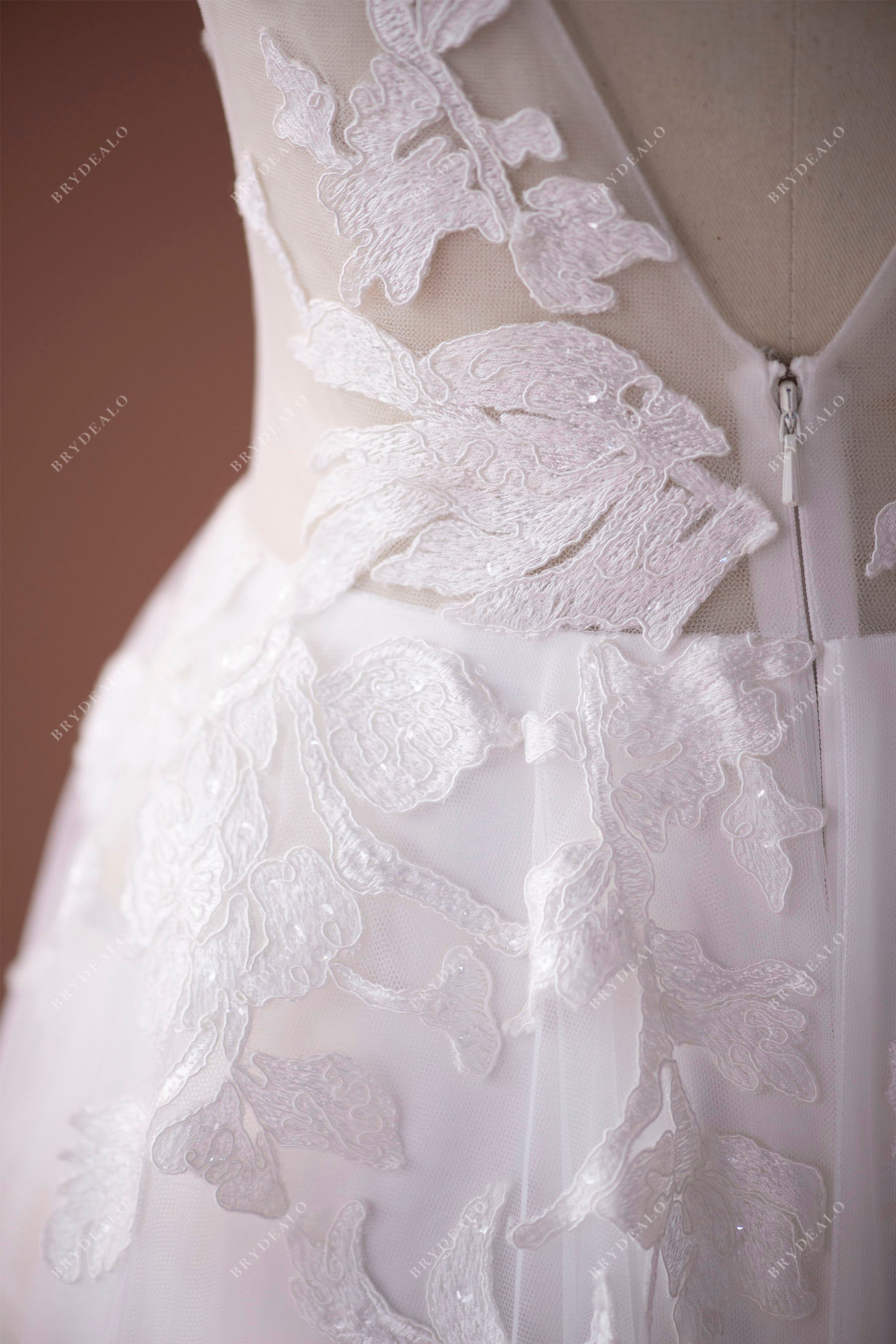 flower lace plunging A-line wedding dress