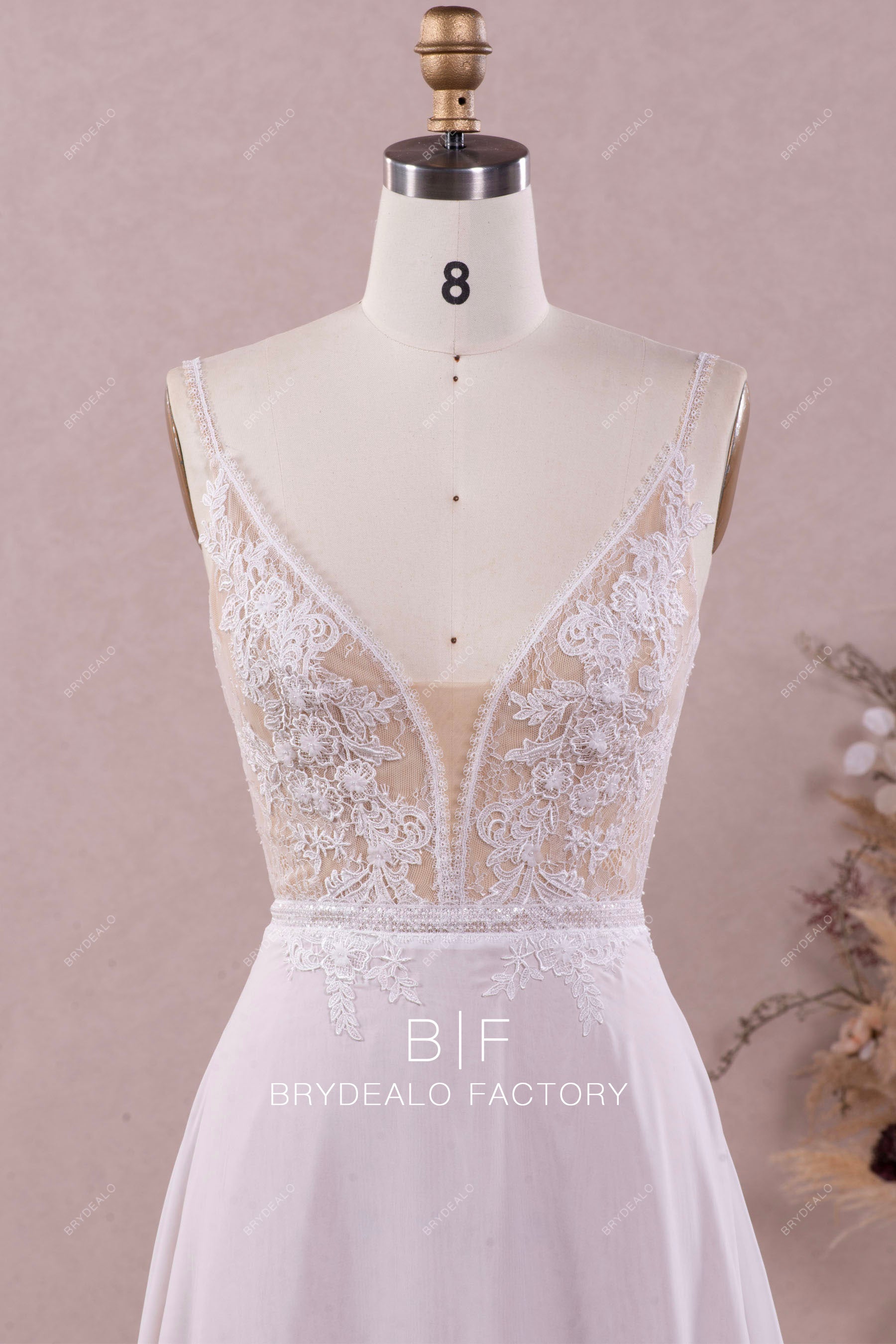 flower lace plunging wedding dress