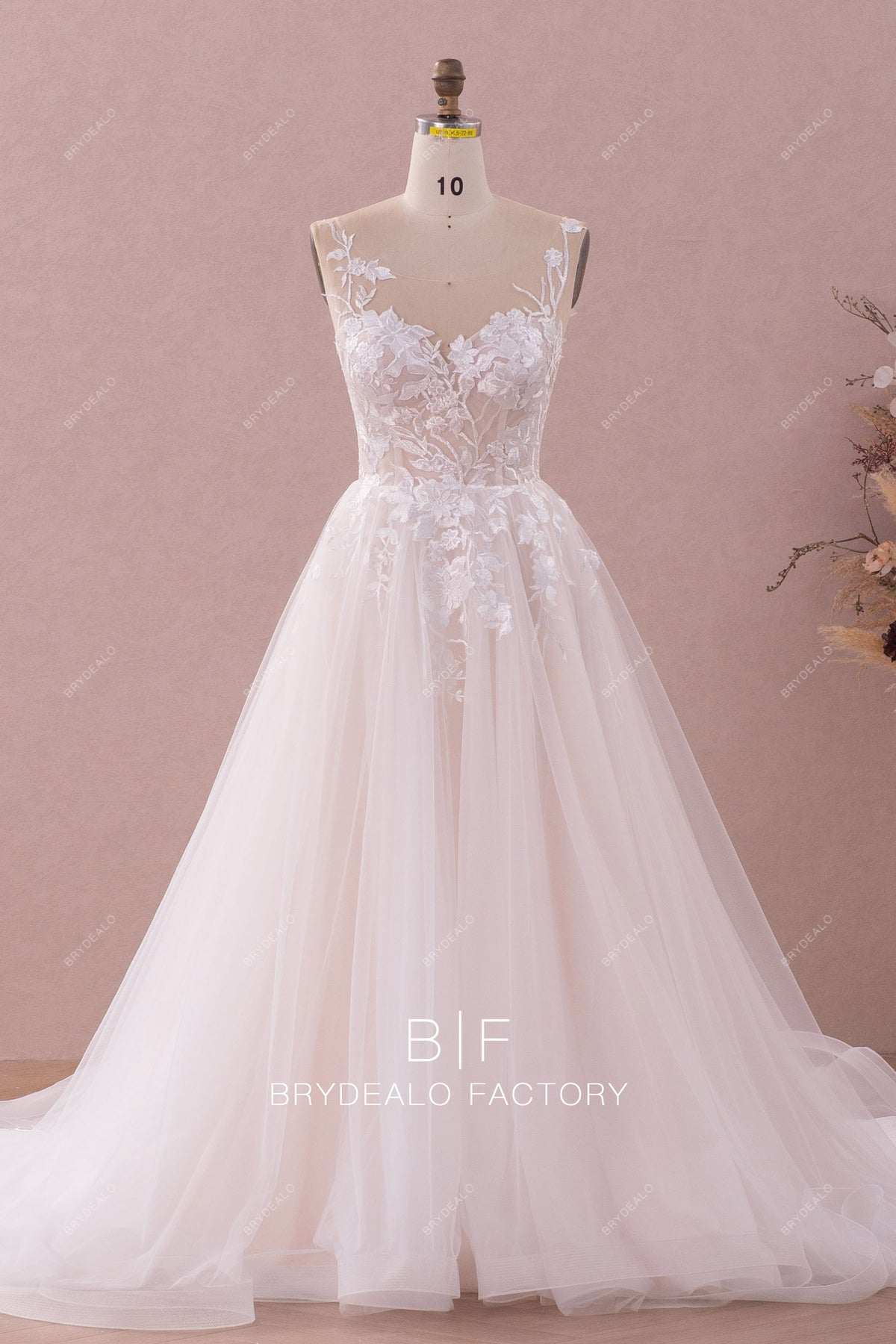 Illusion Neck Lace Wholesale Champagne Tulle Bridal Dress