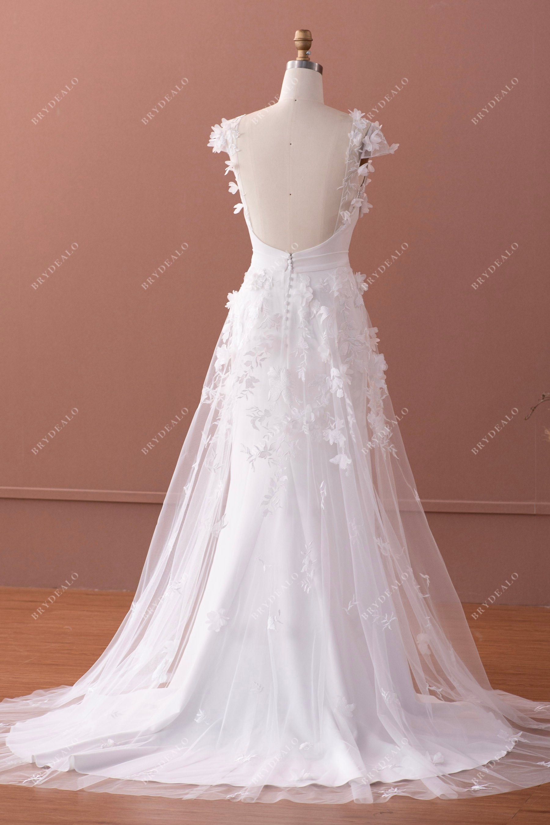 flower lace wedding dress with detachable overskirt
