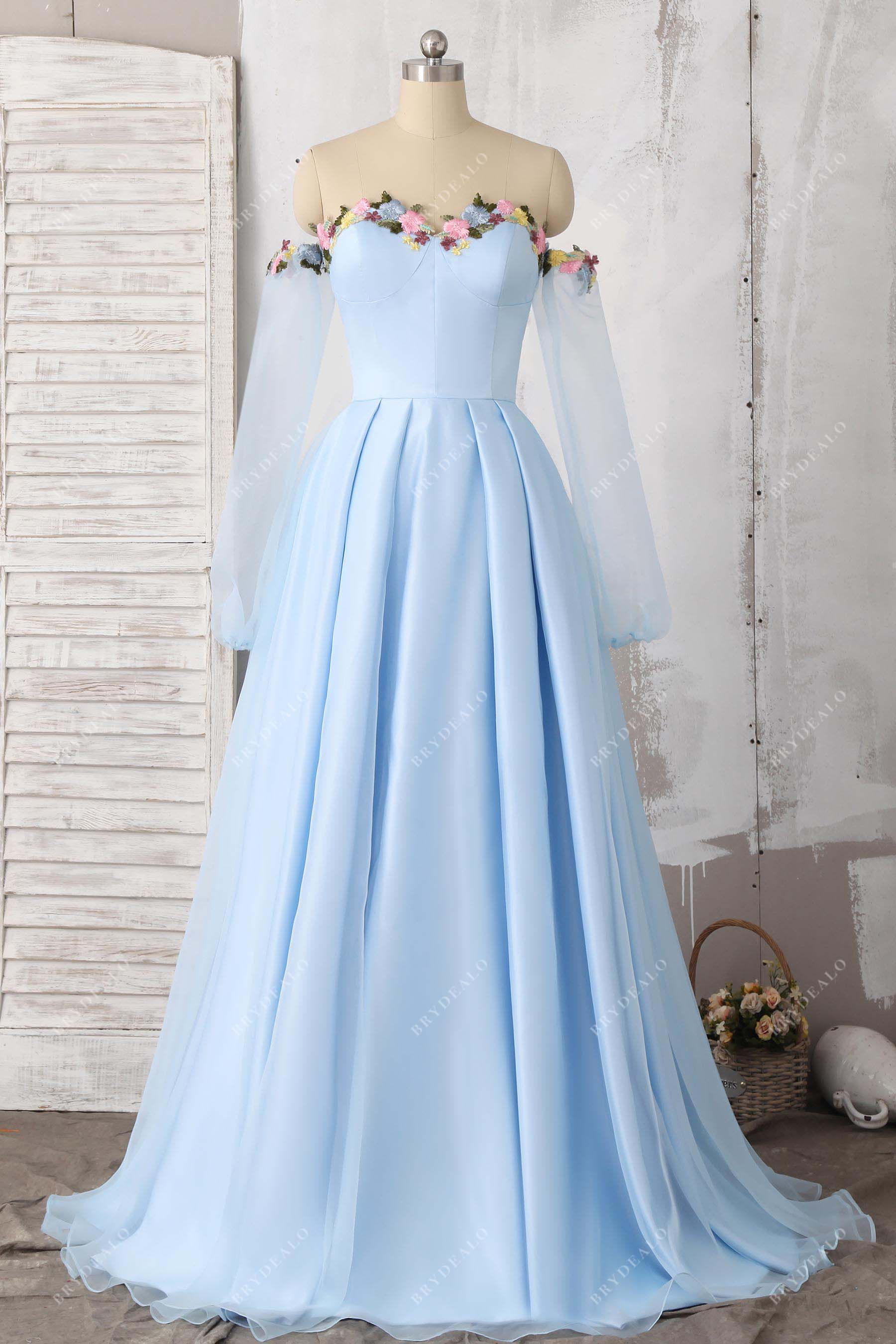 flower off-shoulder sky blue prom dress