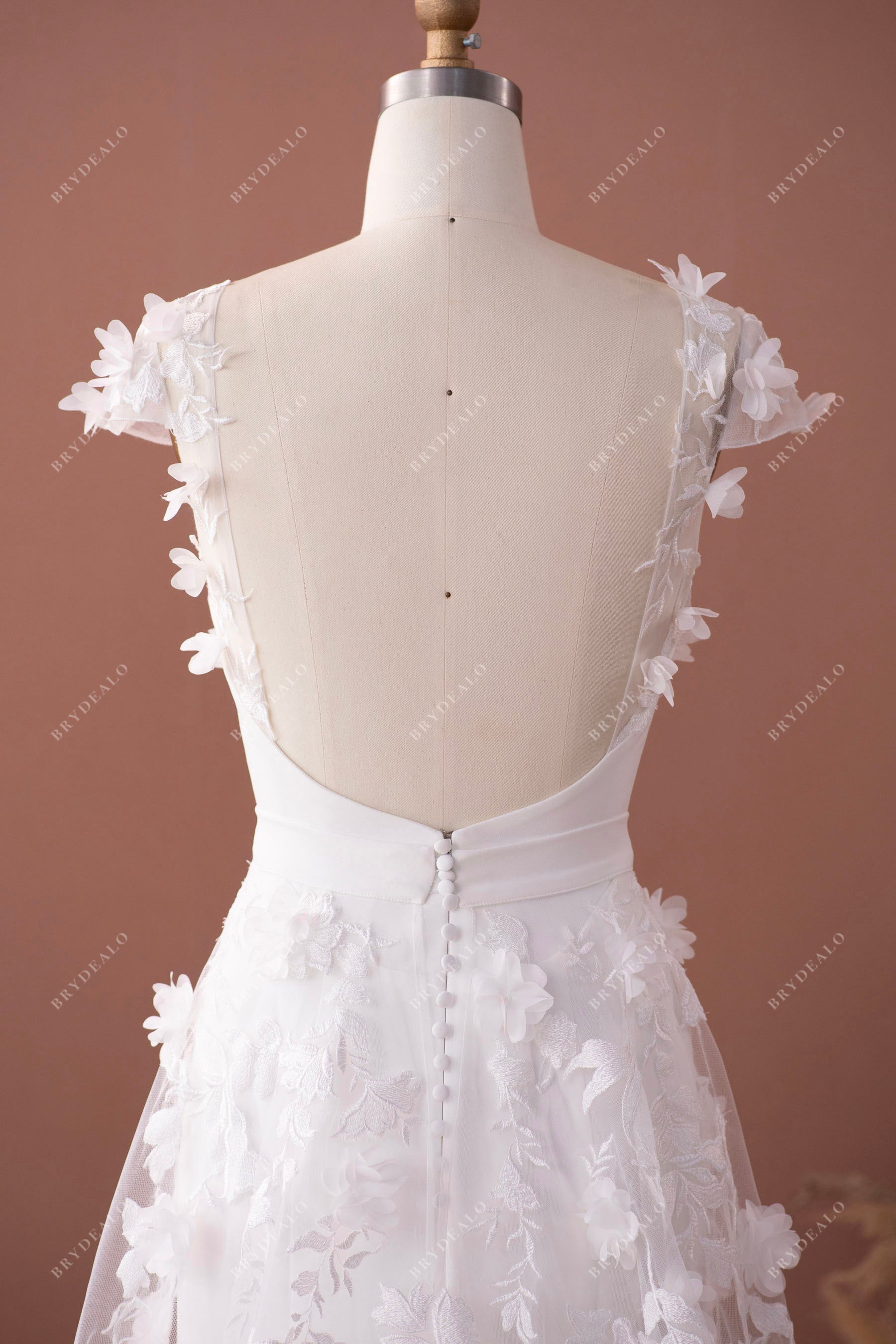 flower open back cap sleeve wedding gown