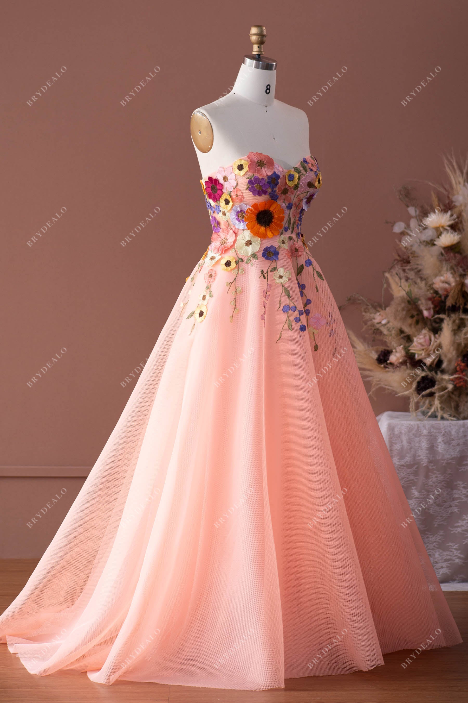 Peach Pink Flower Sweetheart A-line Prom Formal Dress