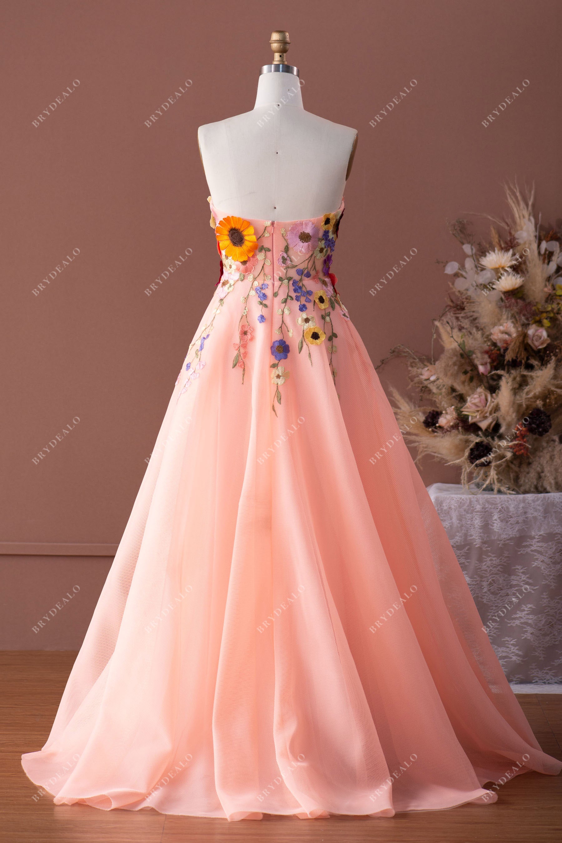 Peach Pink Flower Sweetheart A-line Prom Formal Dress