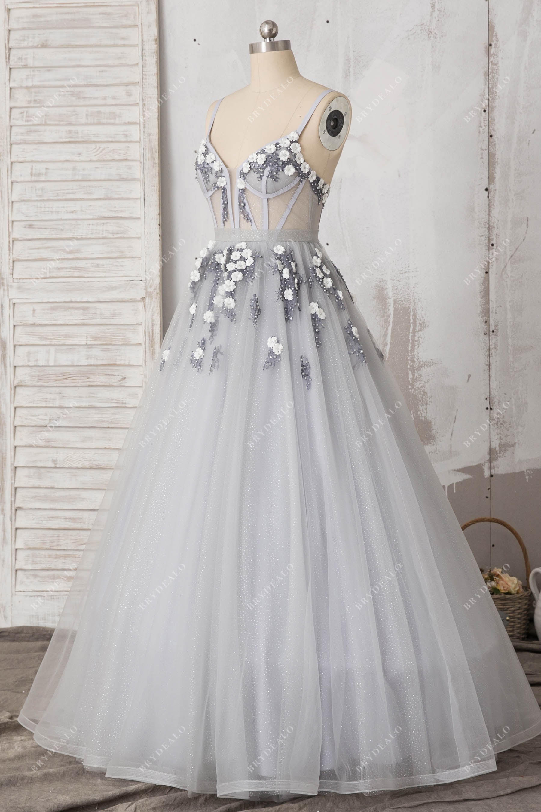 Flower Silver Sweetheart Corset Prom Dress