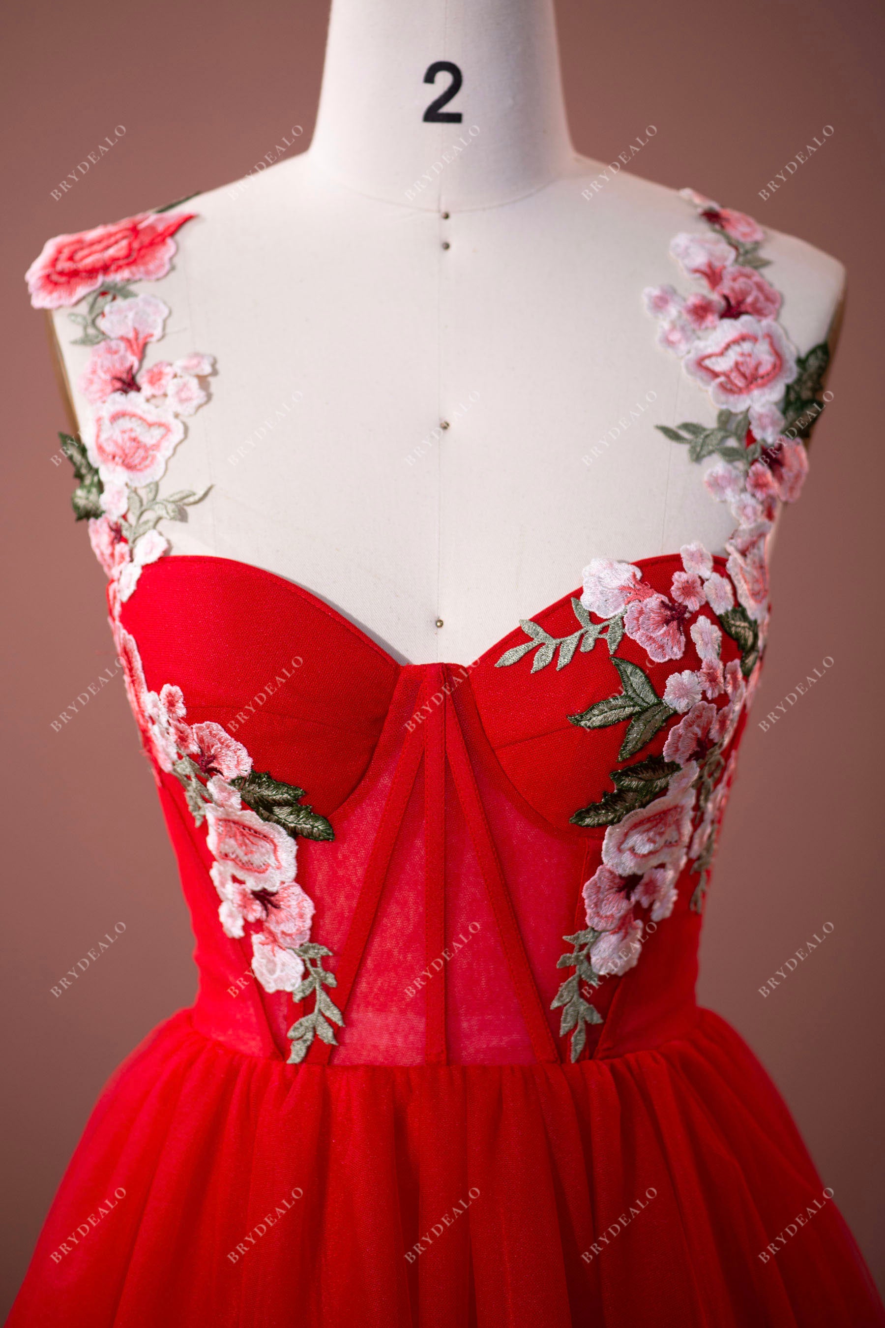 flower straps tulle prom  dress 