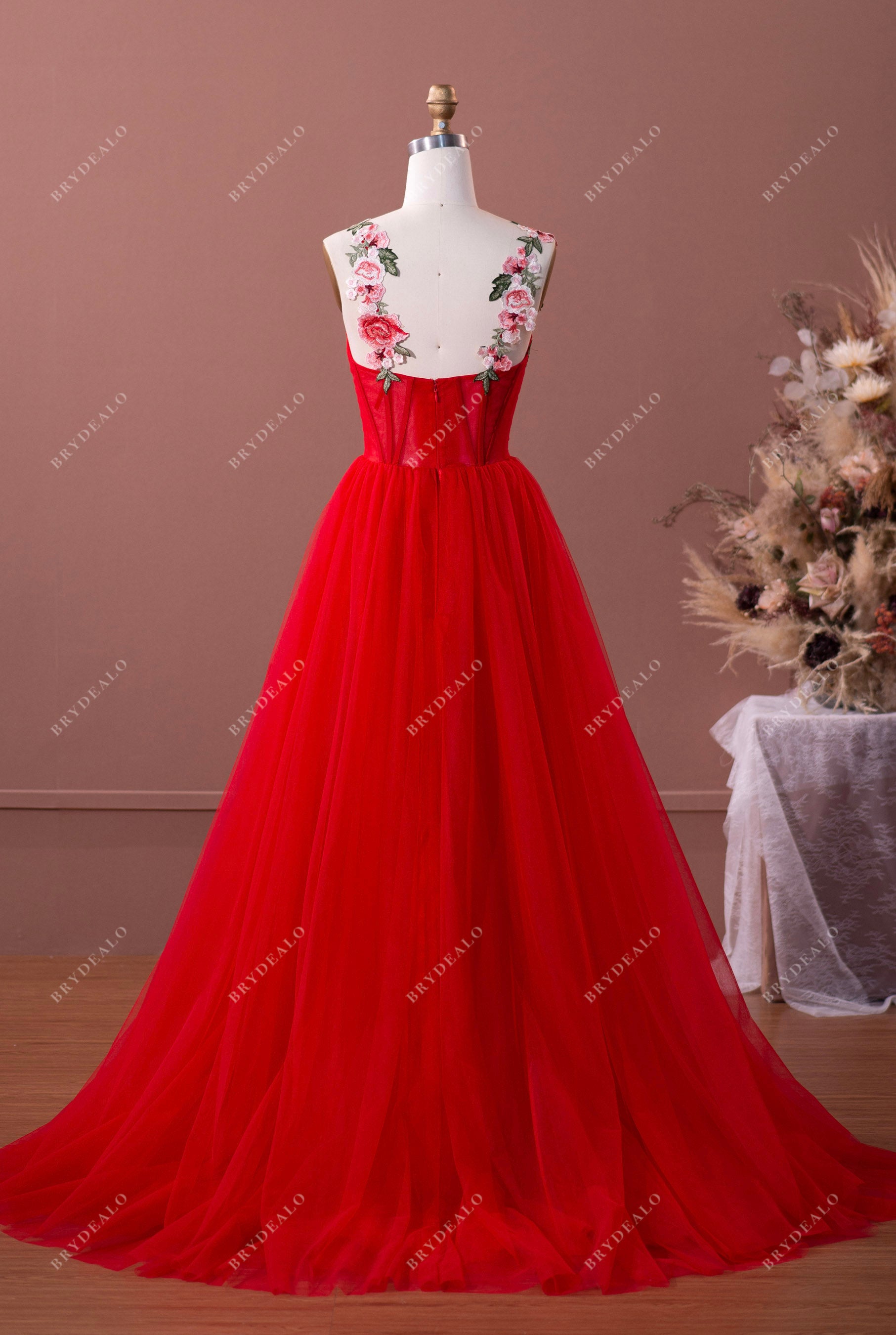 flower straps red tulle prom formal dress with court train 