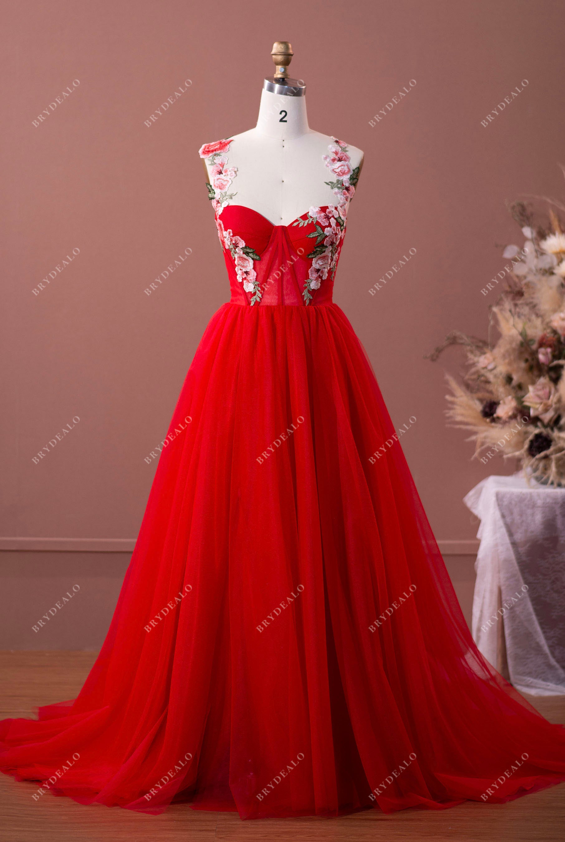 flowers straps red tulle prom formal dress with slit