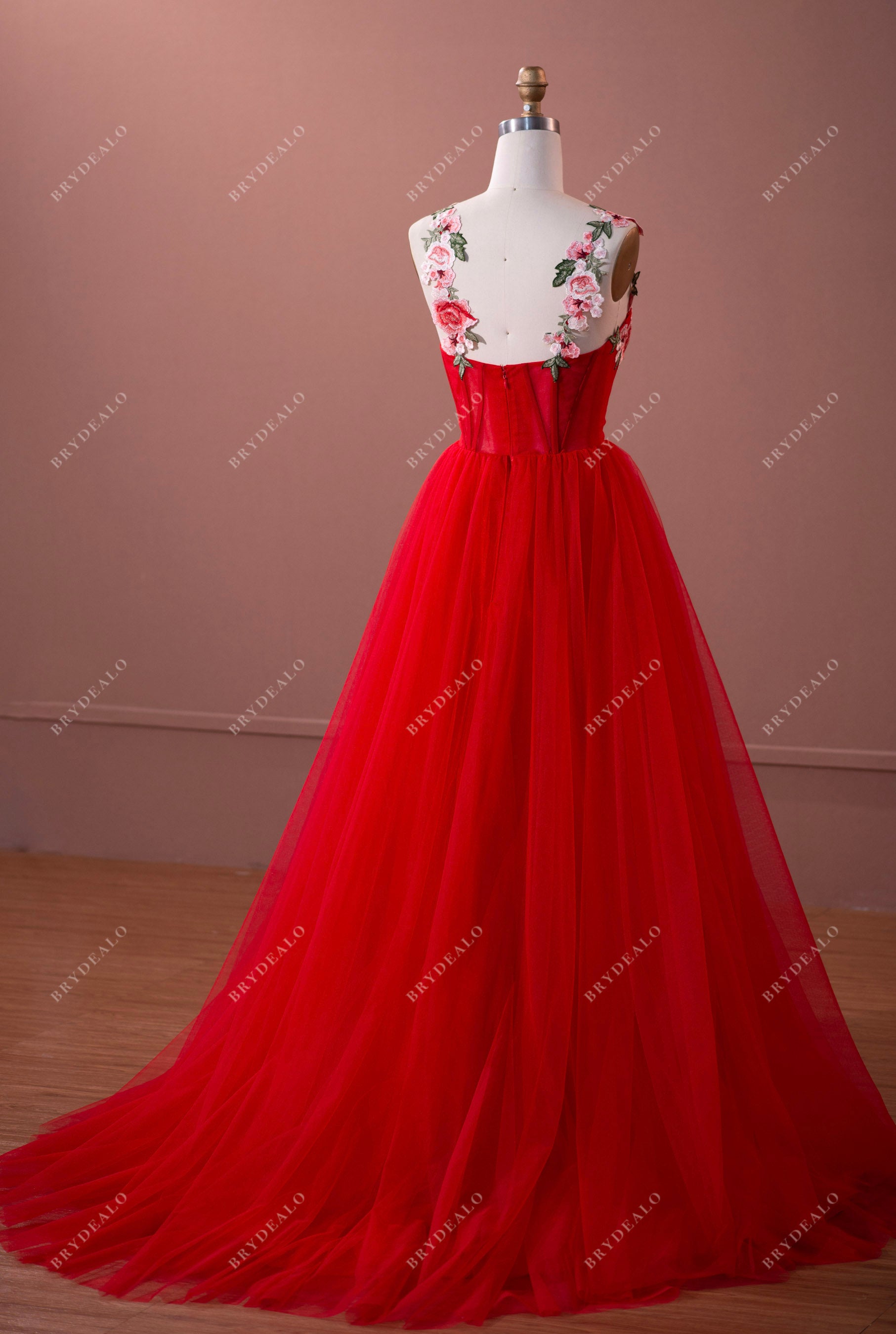 flower straps tulle prom formal dress with slit