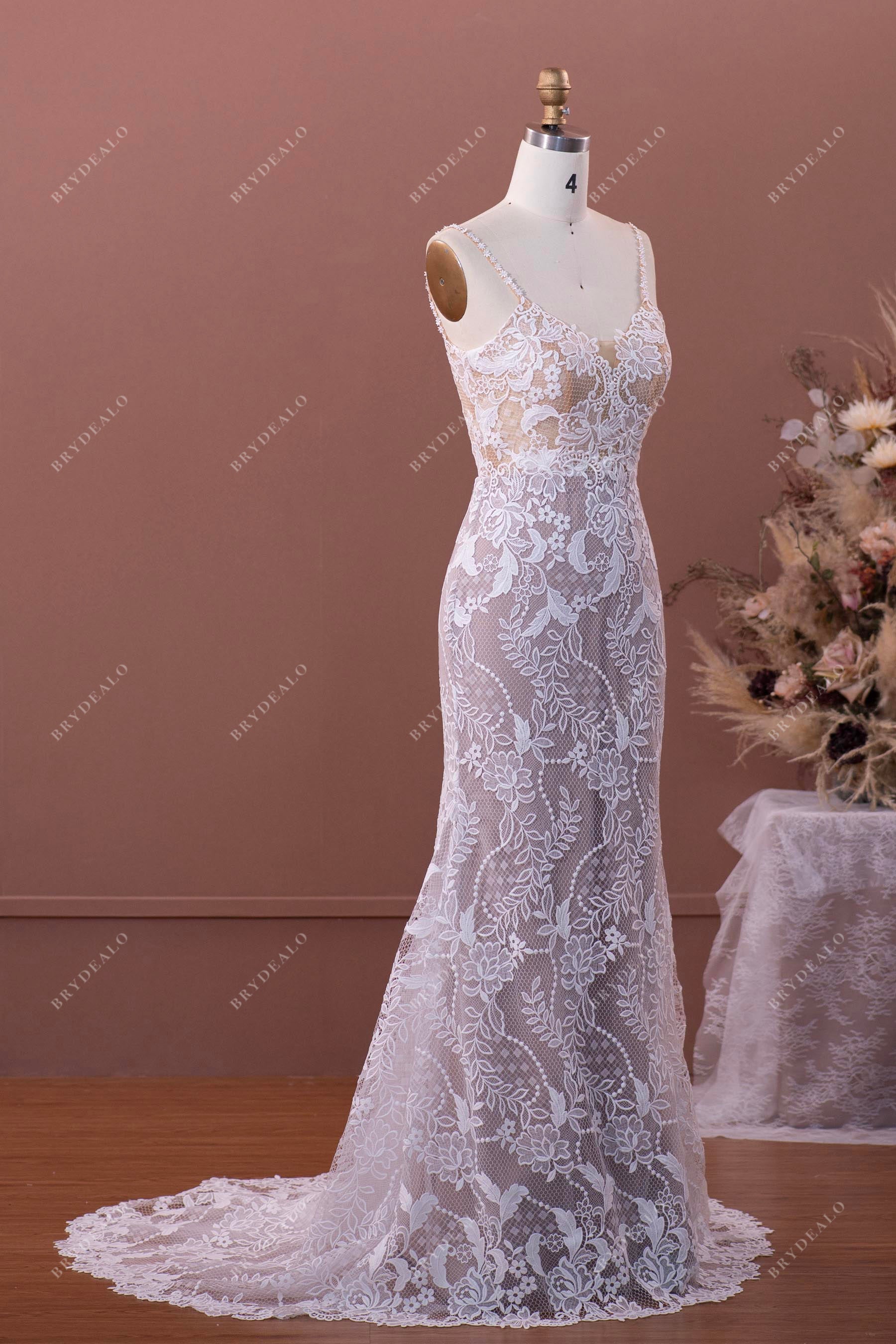flower straps V-neck lace mermaid wedding dress