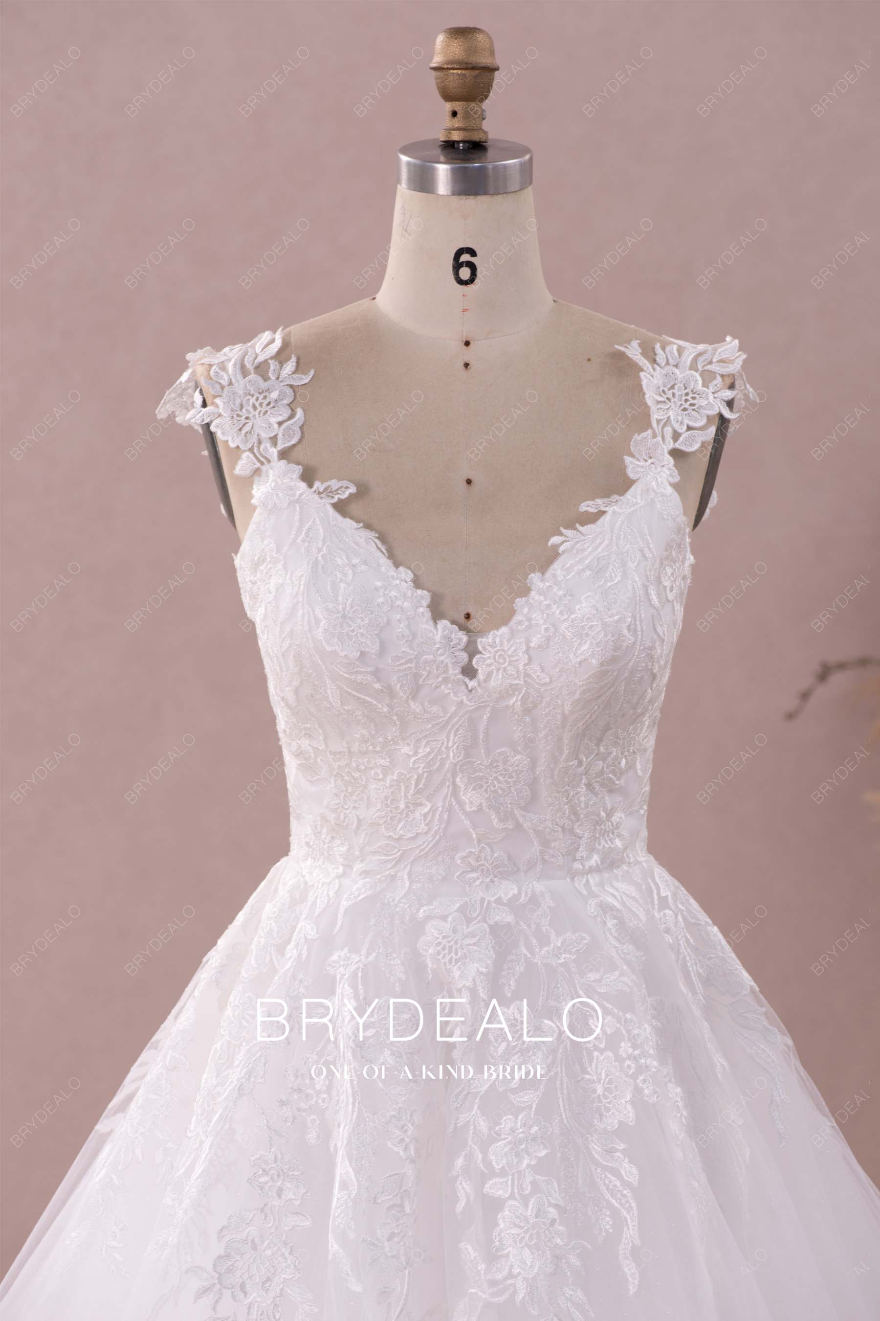 flower straps V-neck lace wedding gown