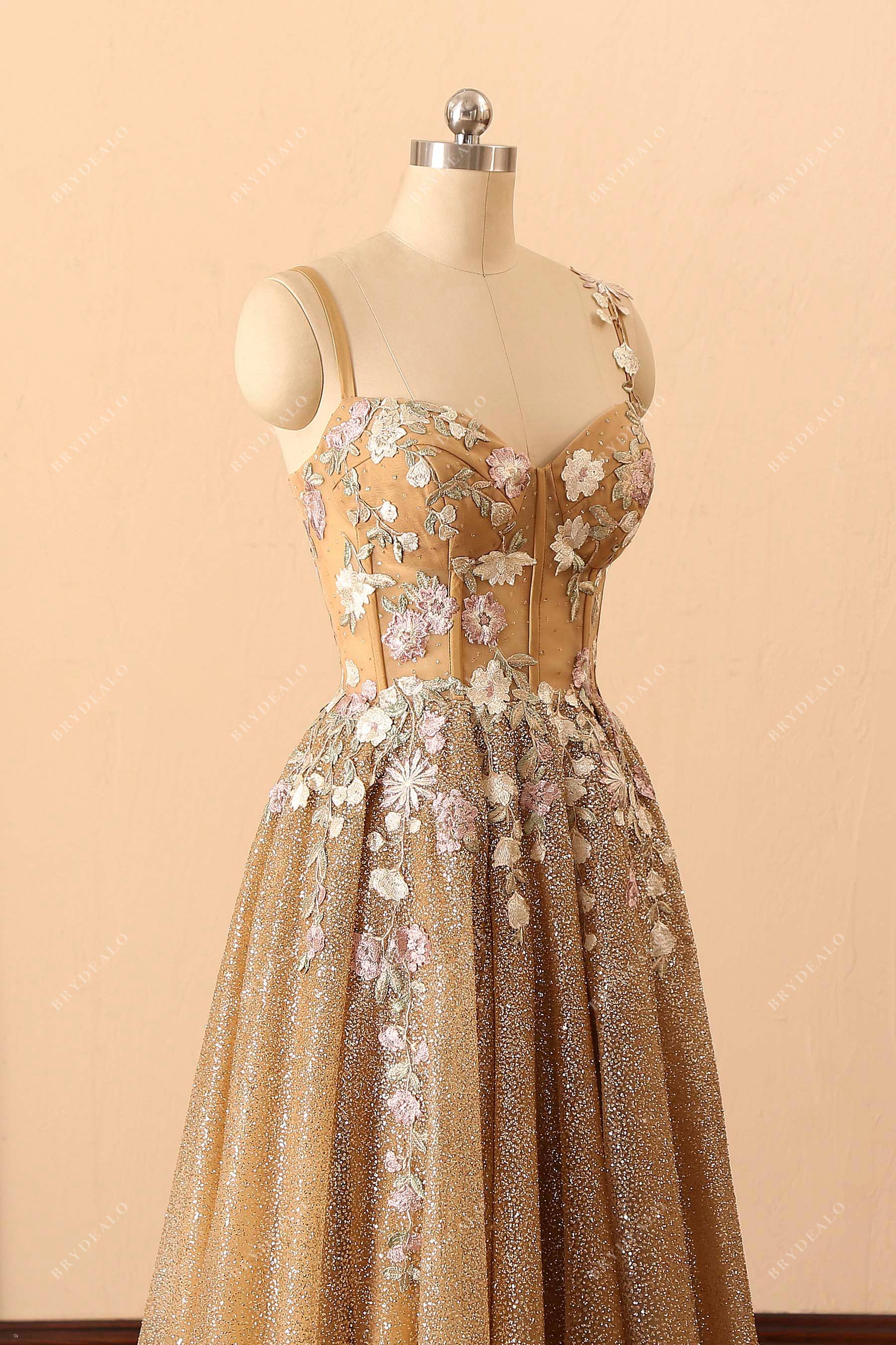 Wholesale Flowers Gold Glitter Corset Formal Dress