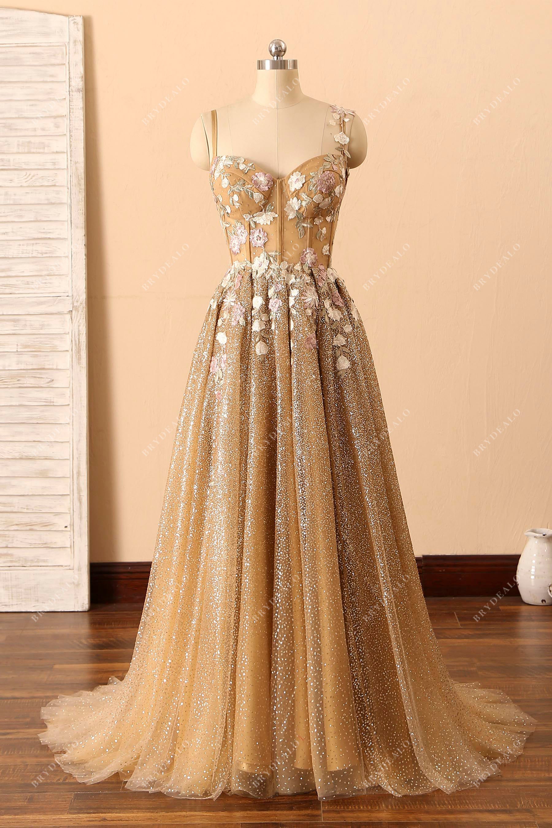 Wholesale Flowers Gold Glitter Corset Straps Formal Dress