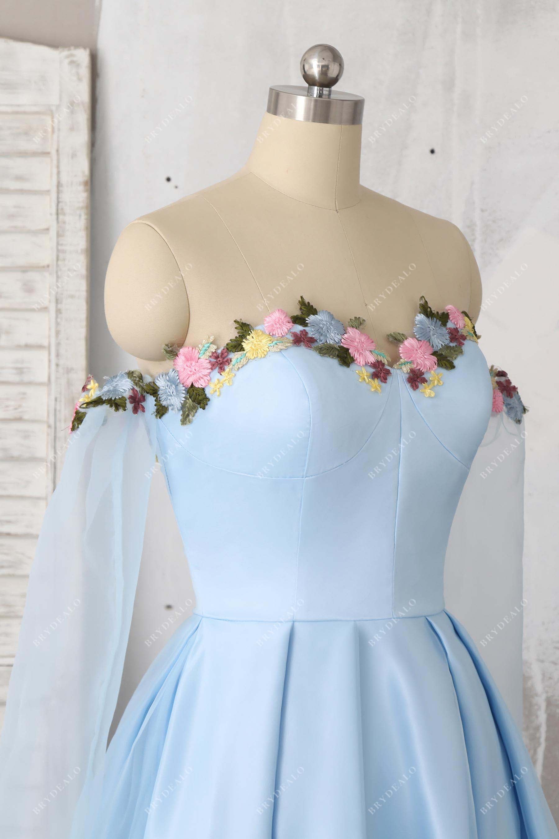 Off Shoulder Sky Blue Flower Sweetheart Prom Gown Off Shoulder Sky Blue Flower Sweetheart Prom Gown