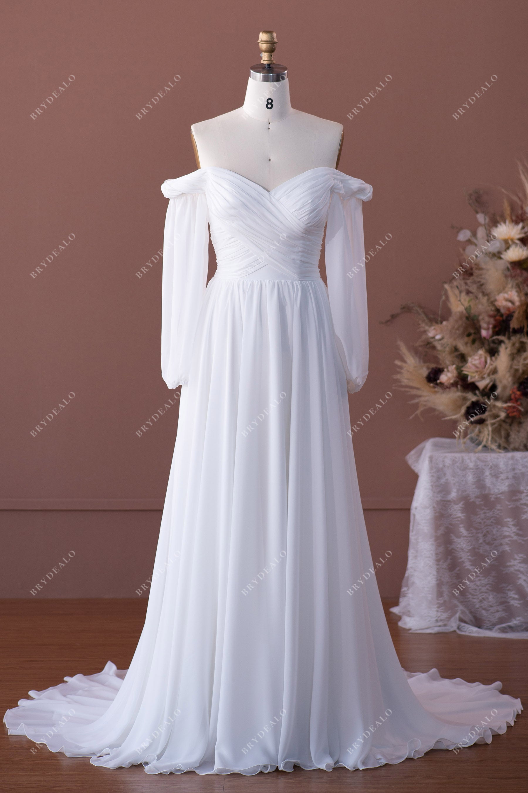 Off Shoulder Sleeved Chiffon A-line Wedding Dress