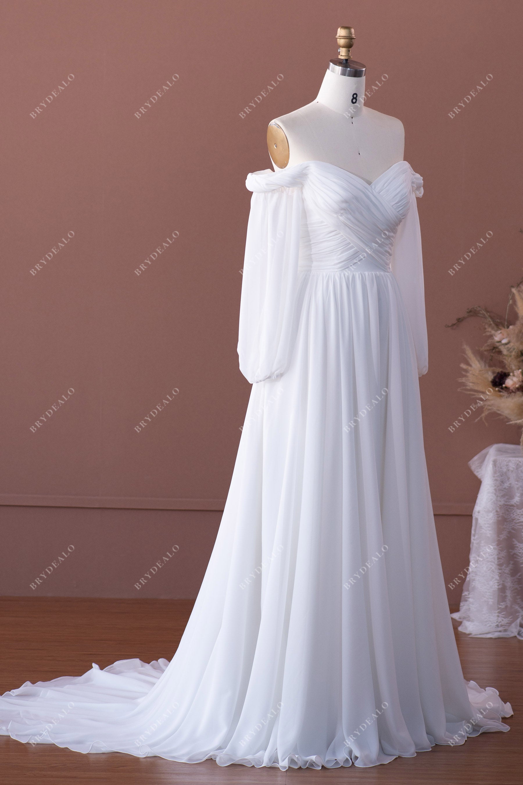 off shoulder pleated chiffon bridal gown