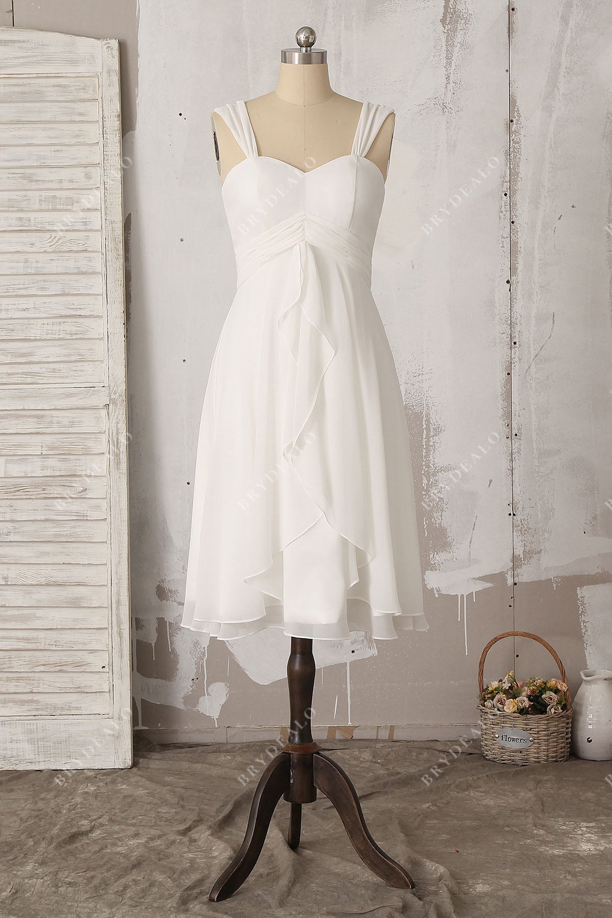flowing chiffon ruffleds pleated straps knee length bridal shower dress