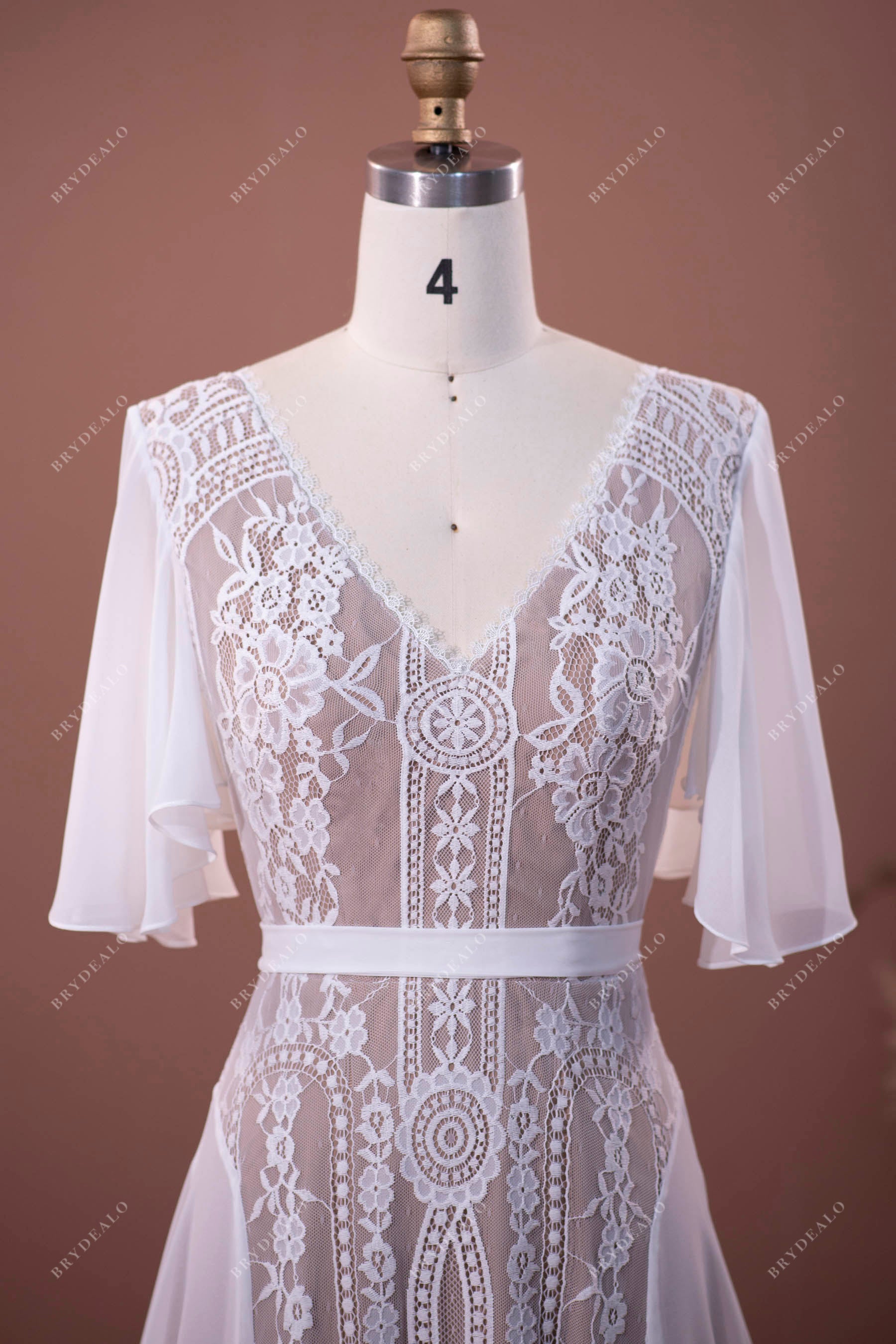 Flutter Sleeve V-neck Lace Chiffon Boho Wedding Dress