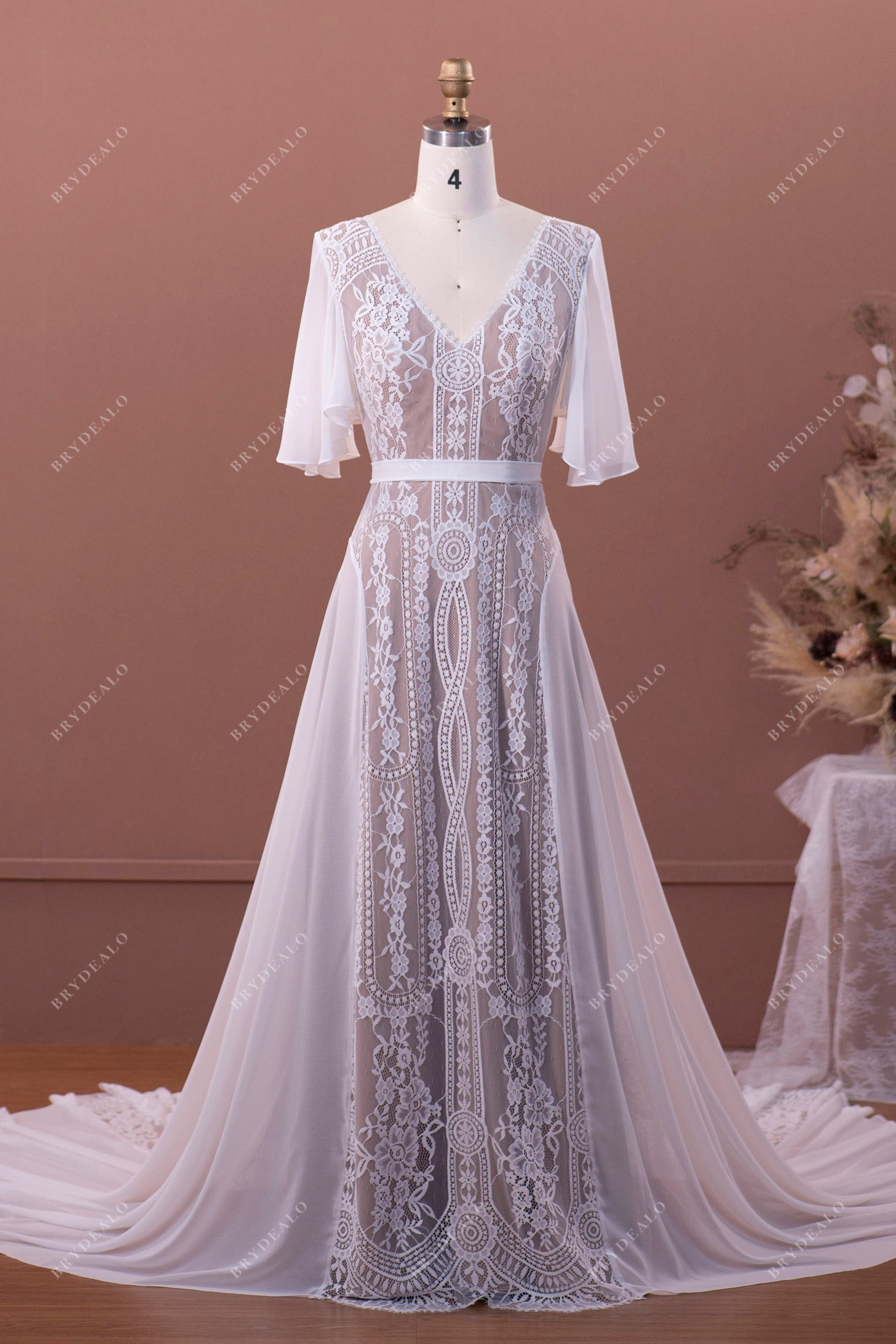 Flutter Sleeve Flowy Lace Chiffon Boho Wedding Dress Sample Sale