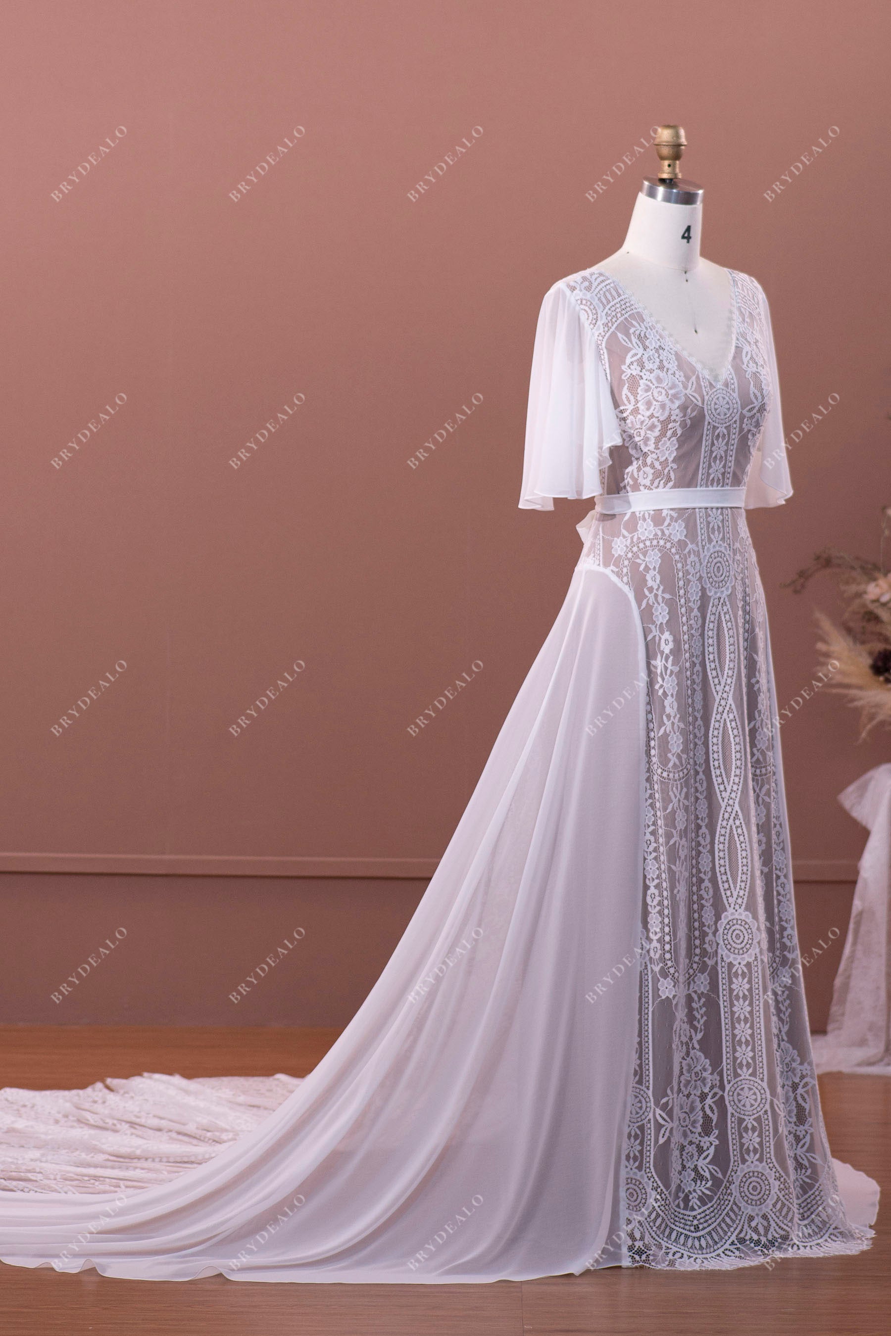 Flutter Sleeve Flowy Lace Chiffon Long Wedding Dress