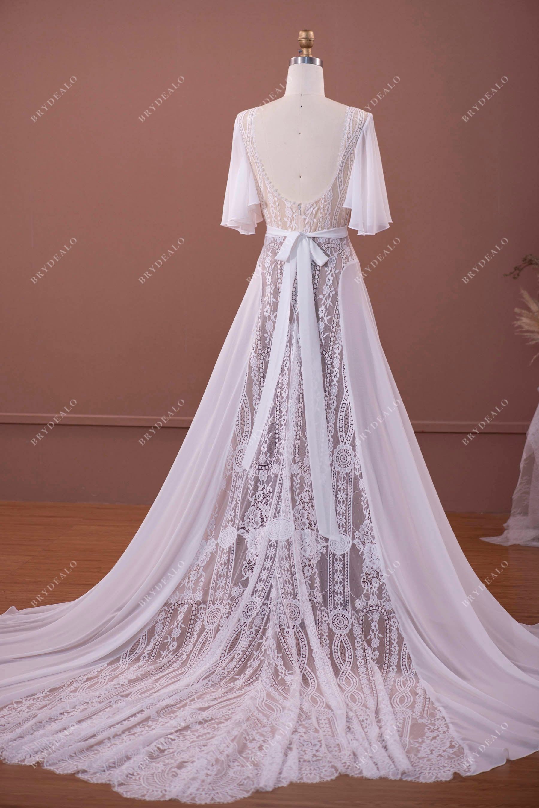 Flutter Sleeve Flowy Lace Chiffon Long Boho Wedding Dress