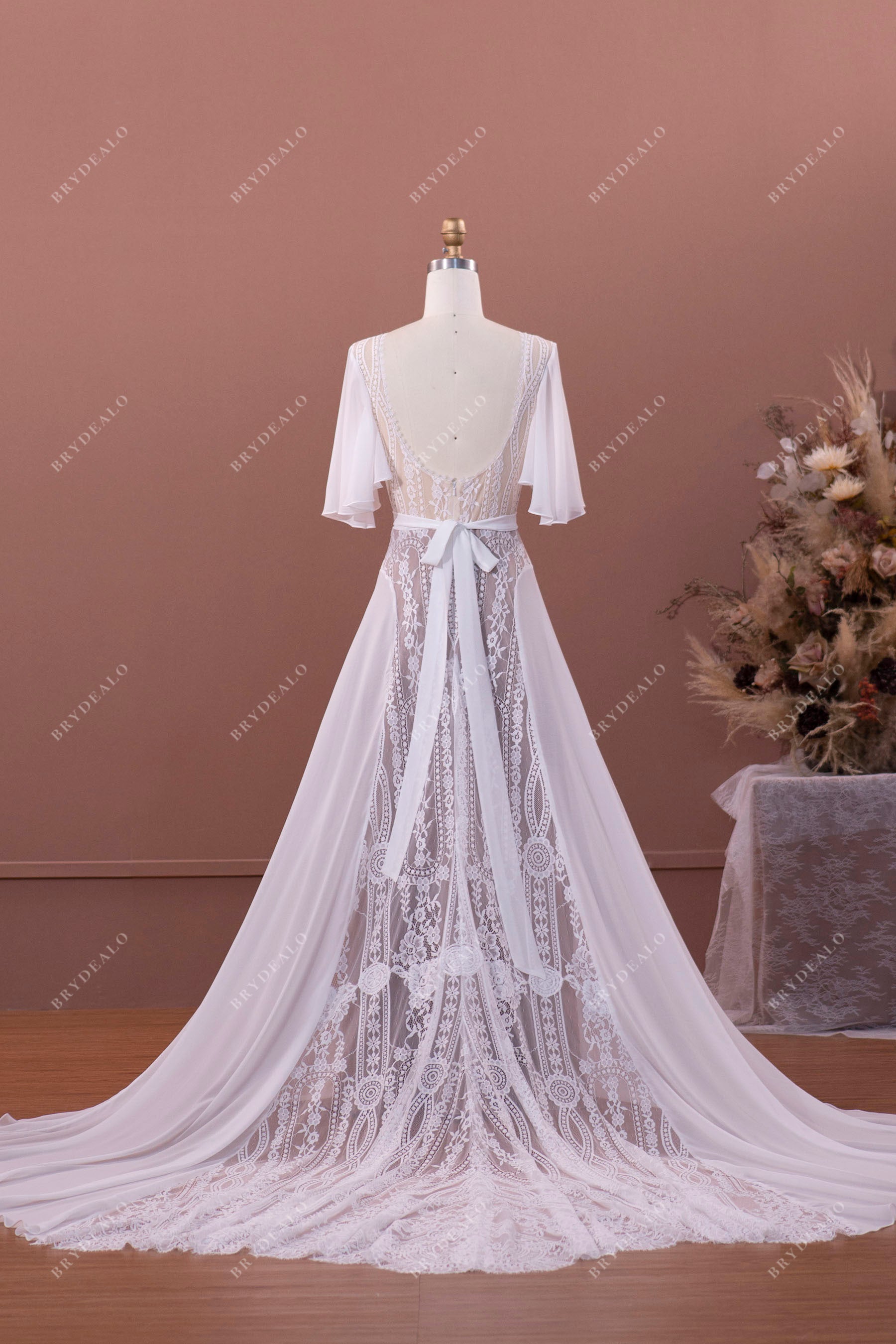 Flowy Lace Chiffon Boho Wedding Dress